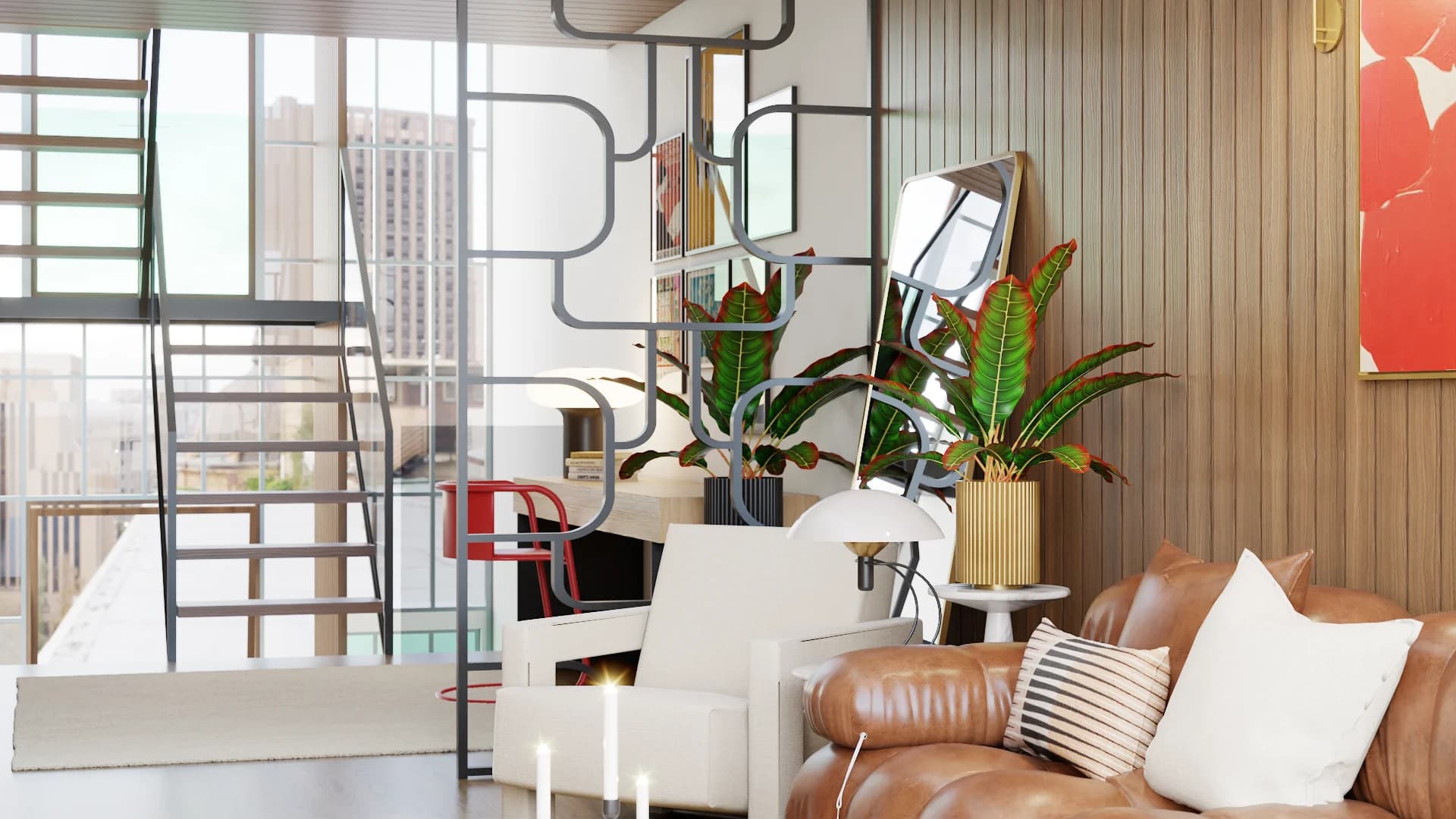 Urban loft living room with caramel leather sofa, gold side table, tropical plant, abstract steel room divider, white fireplace, wood slat wall, and city skyline view through floor-to-ceiling windows with open staircase