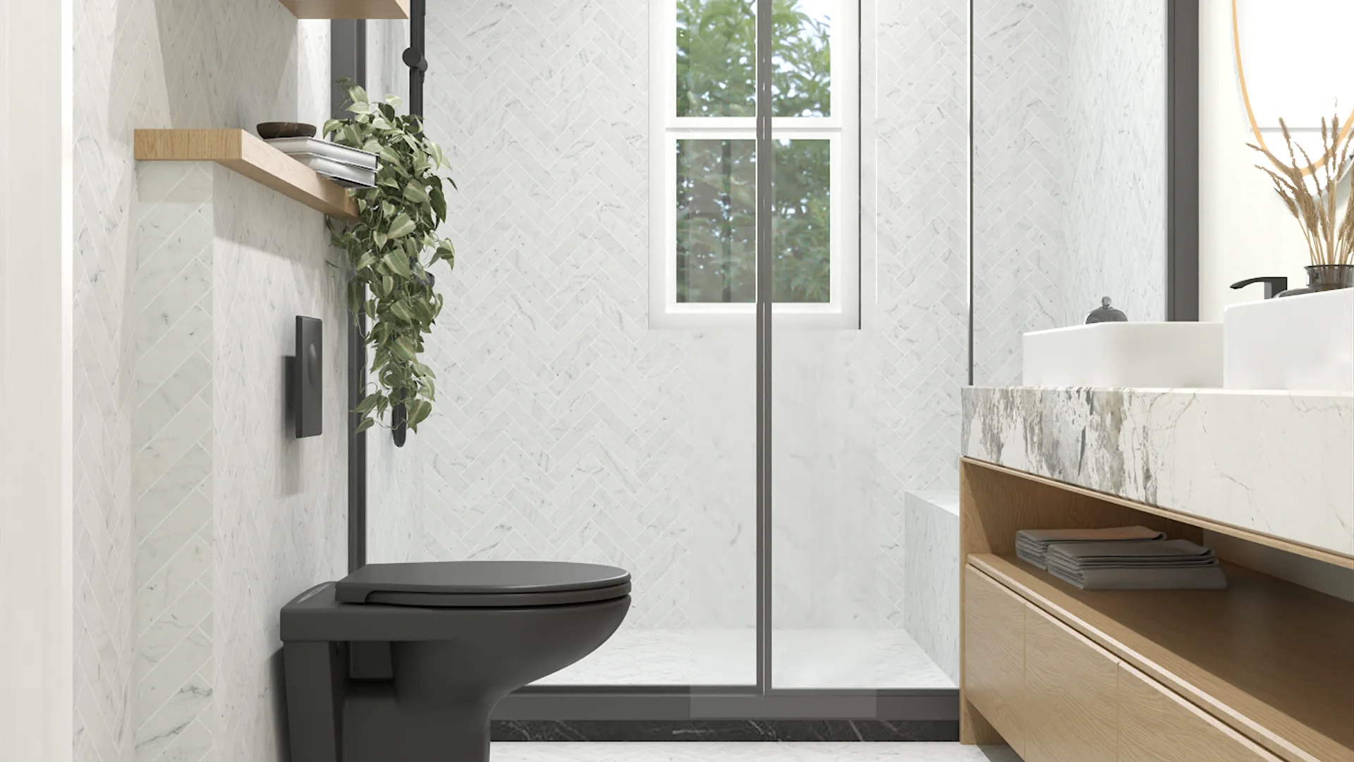 Bathroom with white marble walls, black toilet, glass shower, and wood vanity cabinet