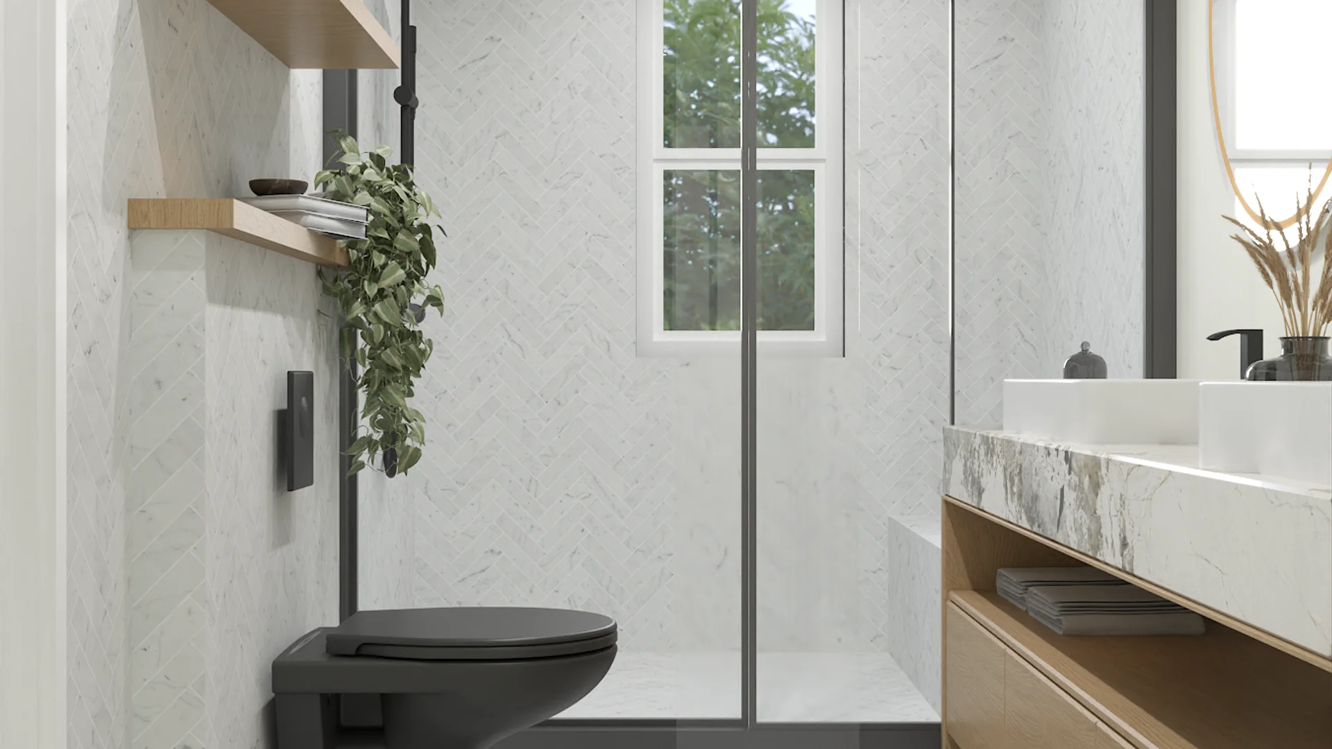 Marble tile bathroom with wall-hung black toilet, wood vanity, and glass shower