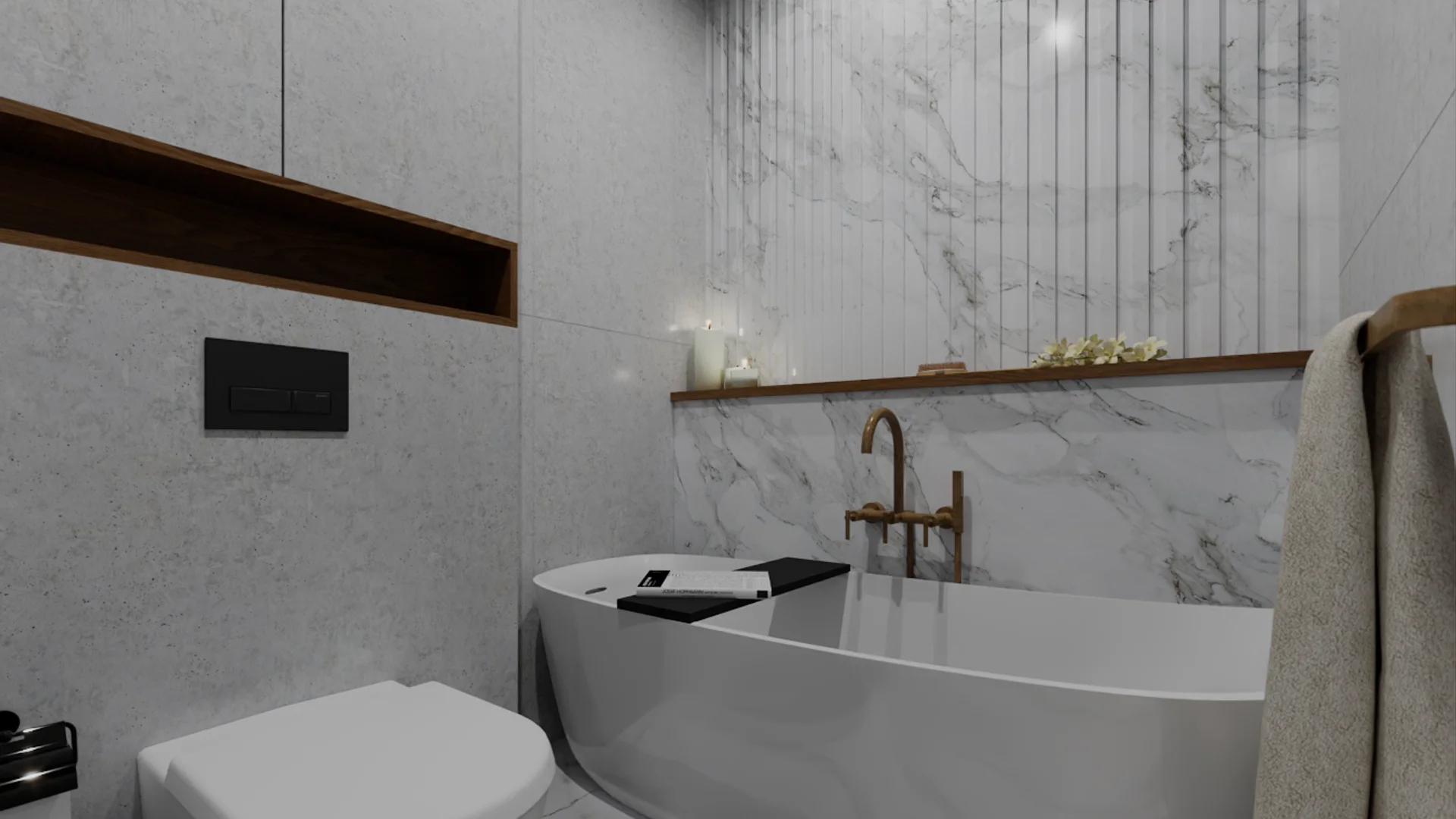 White marble bathroom with freestanding tub, brass floor-mount faucet, and walnut niche