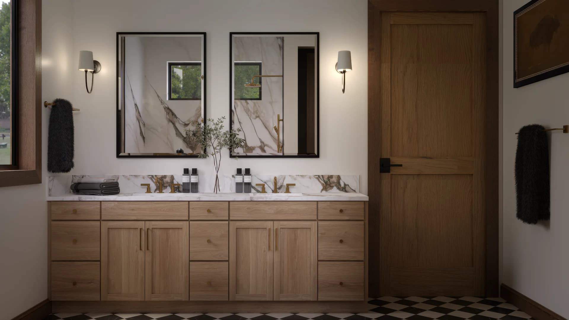 Frontal master bathroom double vanity with oak shaker cabinets, calacatta marble with gold veining, black-framed mirrors, white sconces, brass towel bar, and oak panel door