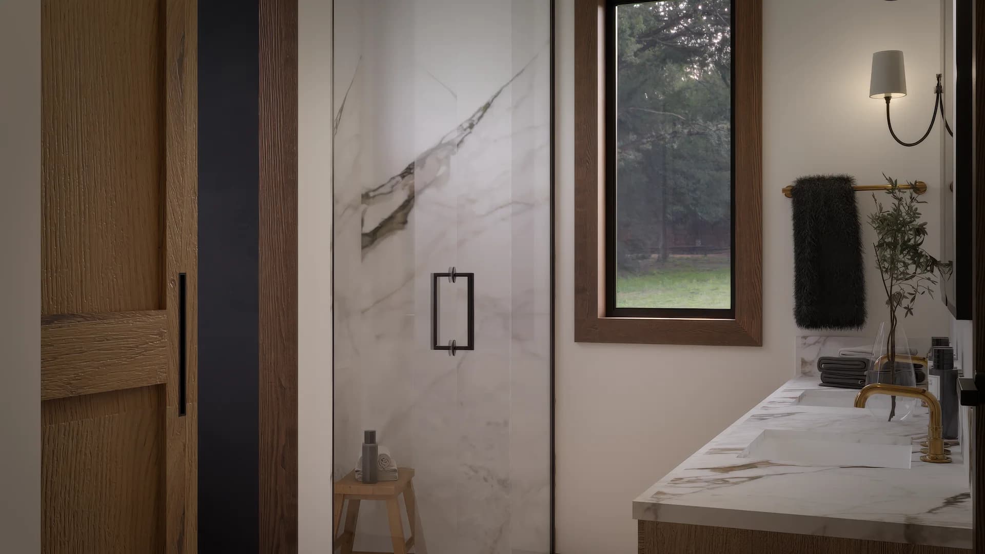 Master bathroom walk-in shower with calacatta marble slab walls, glass door with black handle, teak shower stool, oak sliding barn door with black rail, and garden window