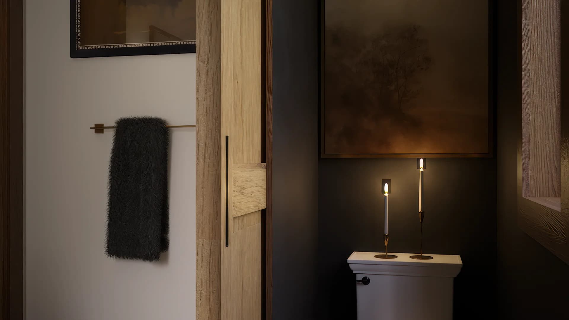 Master bathroom WC nook with dark charcoal walls, moody landscape painting, linear LED light above, white pedestal toilet, and view to checkerboard floor through doorway