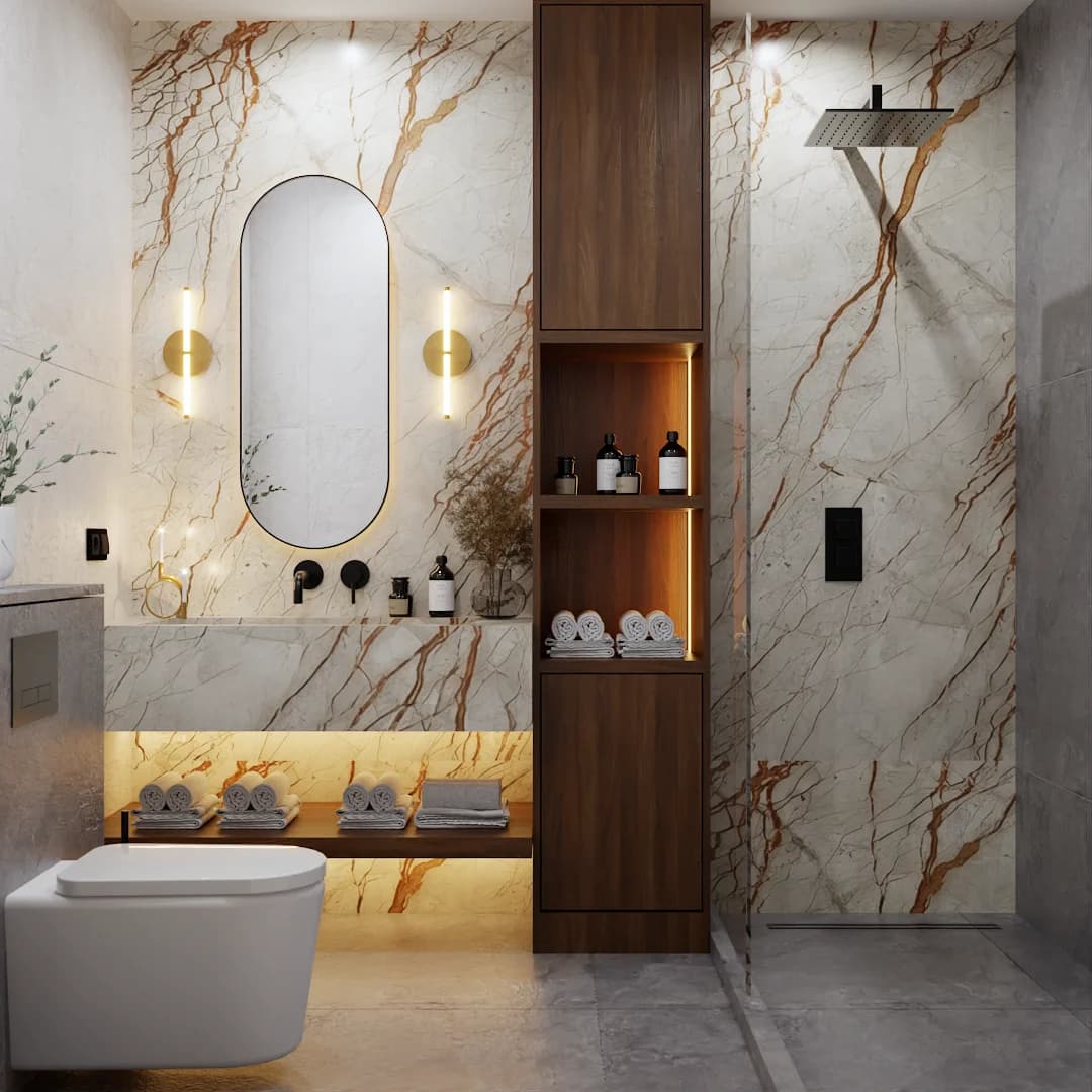 Master bathroom with white and rust-veined marble wall tiles, walnut built-in storage tower with open shelves, oval black-framed mirror, brass tube wall sconces, matte black wall-mount faucet, wall-hung toilet, and glass-enclosed rain shower with black ceiling-mount showerhead