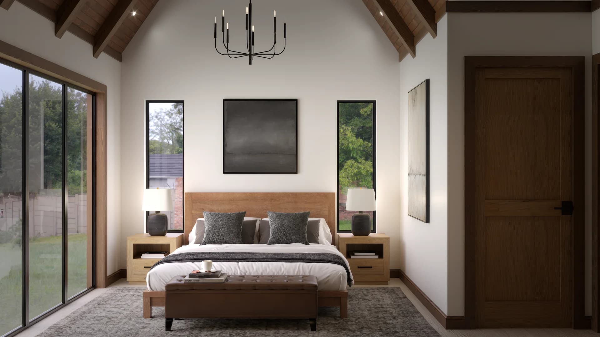 Frontal symmetrical master bedroom with vaulted wood ceiling and beams, black candelabra chandelier, oak platform bed with grey bedding, matching nightstands, and sliding glass door