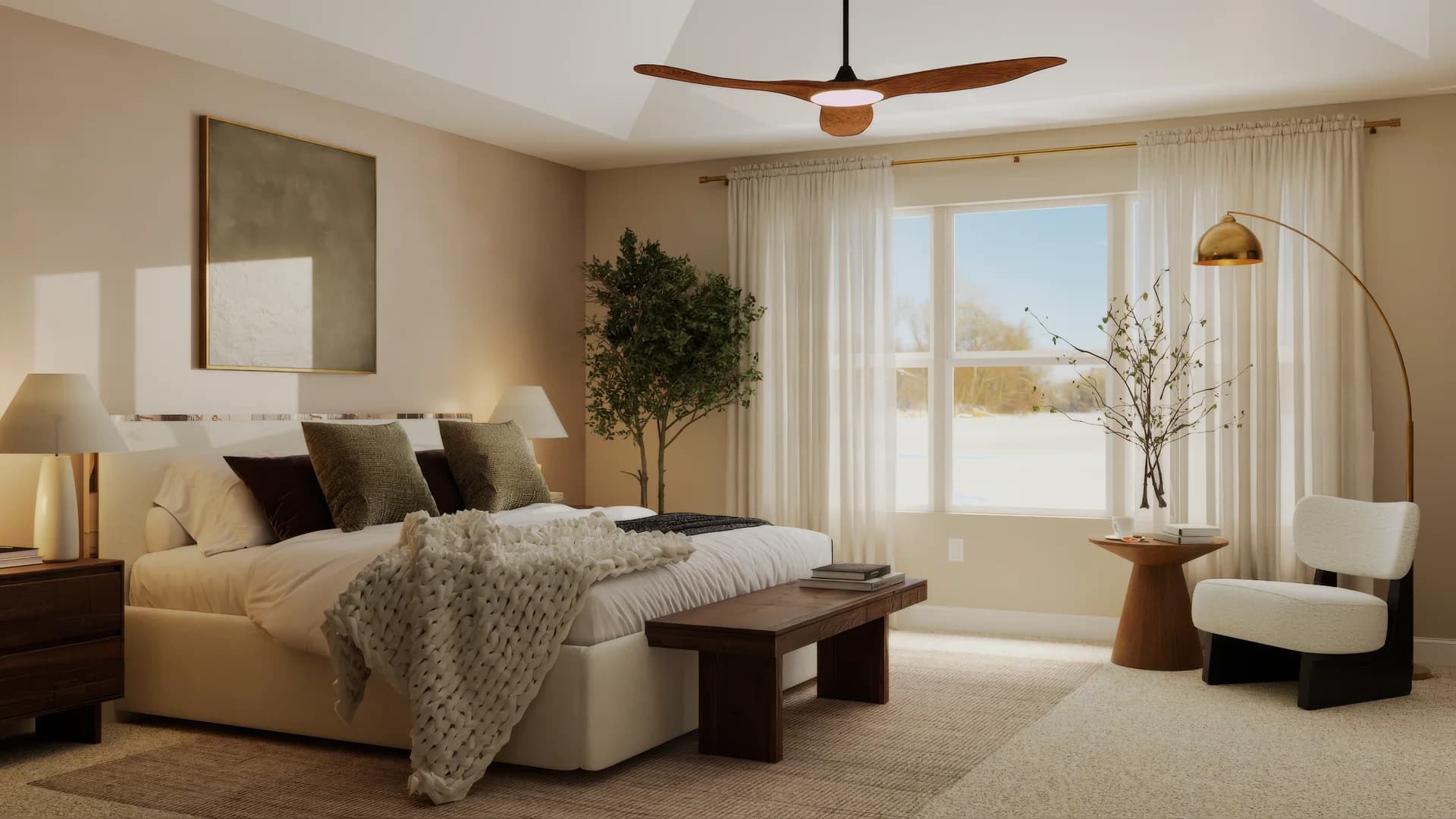 Master bedroom reading nook side showing wood ceiling fan, cream bed with olive pillows and knit throw, walnut bench at foot, large window with sheer curtains, brass arc floor lamp, white boucle accent chair, and walnut side table with dried branch arrangement.