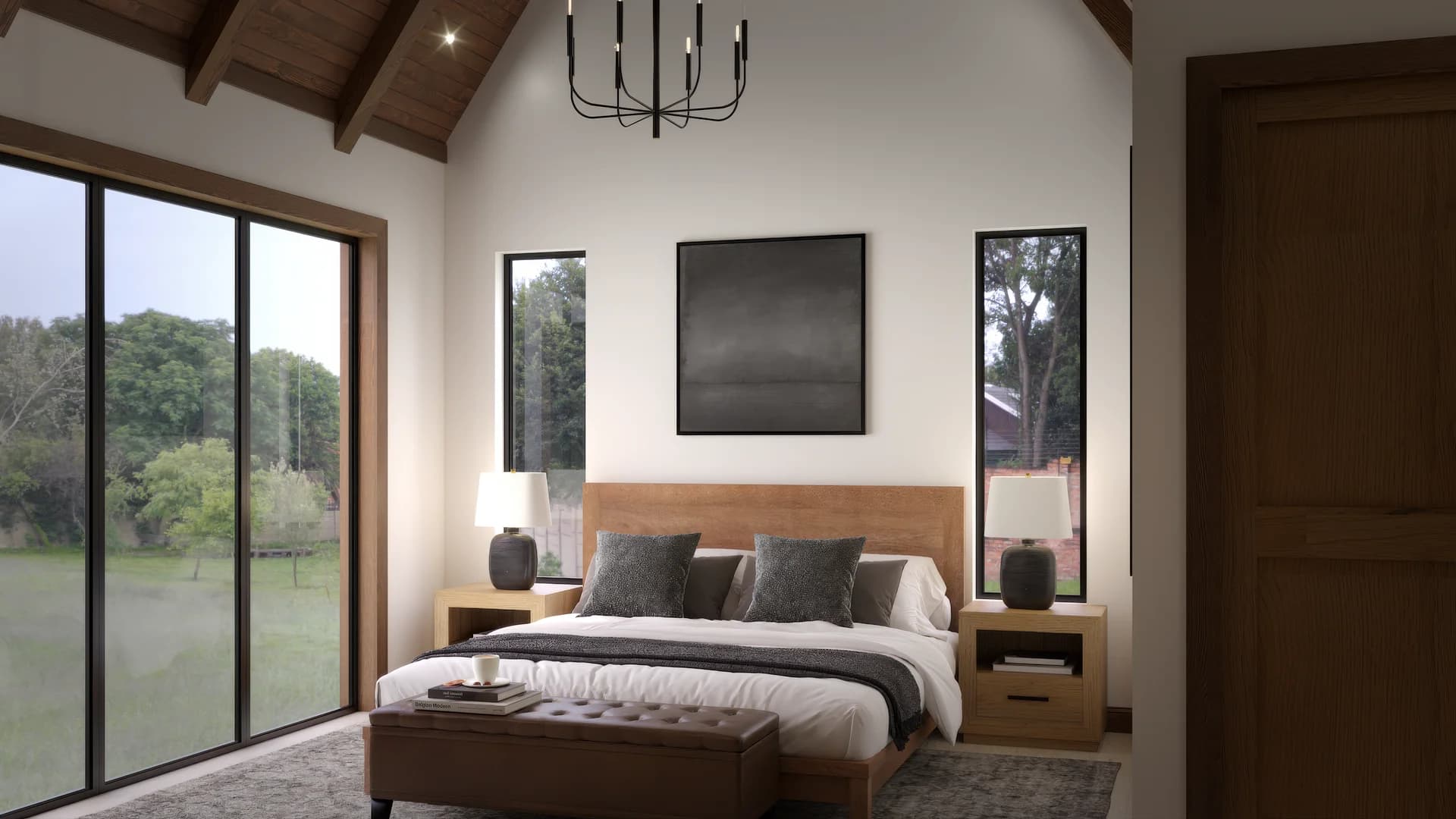 Master bedroom with vaulted wood ceiling and beams, black candelabra chandelier, oak platform bed with grey bedding, matching nightstands, leather bench, and sliding glass door to yard
