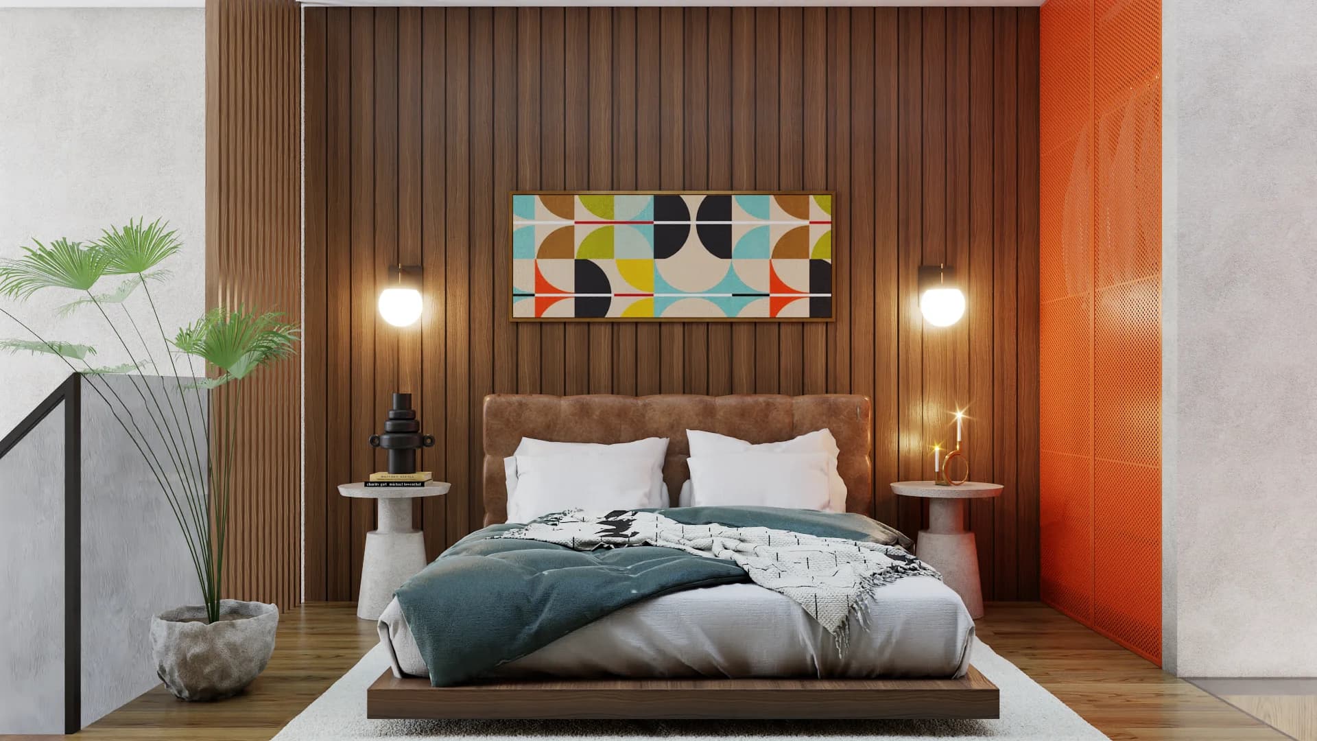 Mid-century modern bedroom with walnut vertical slat accent wall, low platform bed in camel leather, teal throw blanket, geometric multicolor canvas art, orange tile side wall, and paired globe sconces on pedestal nightstands