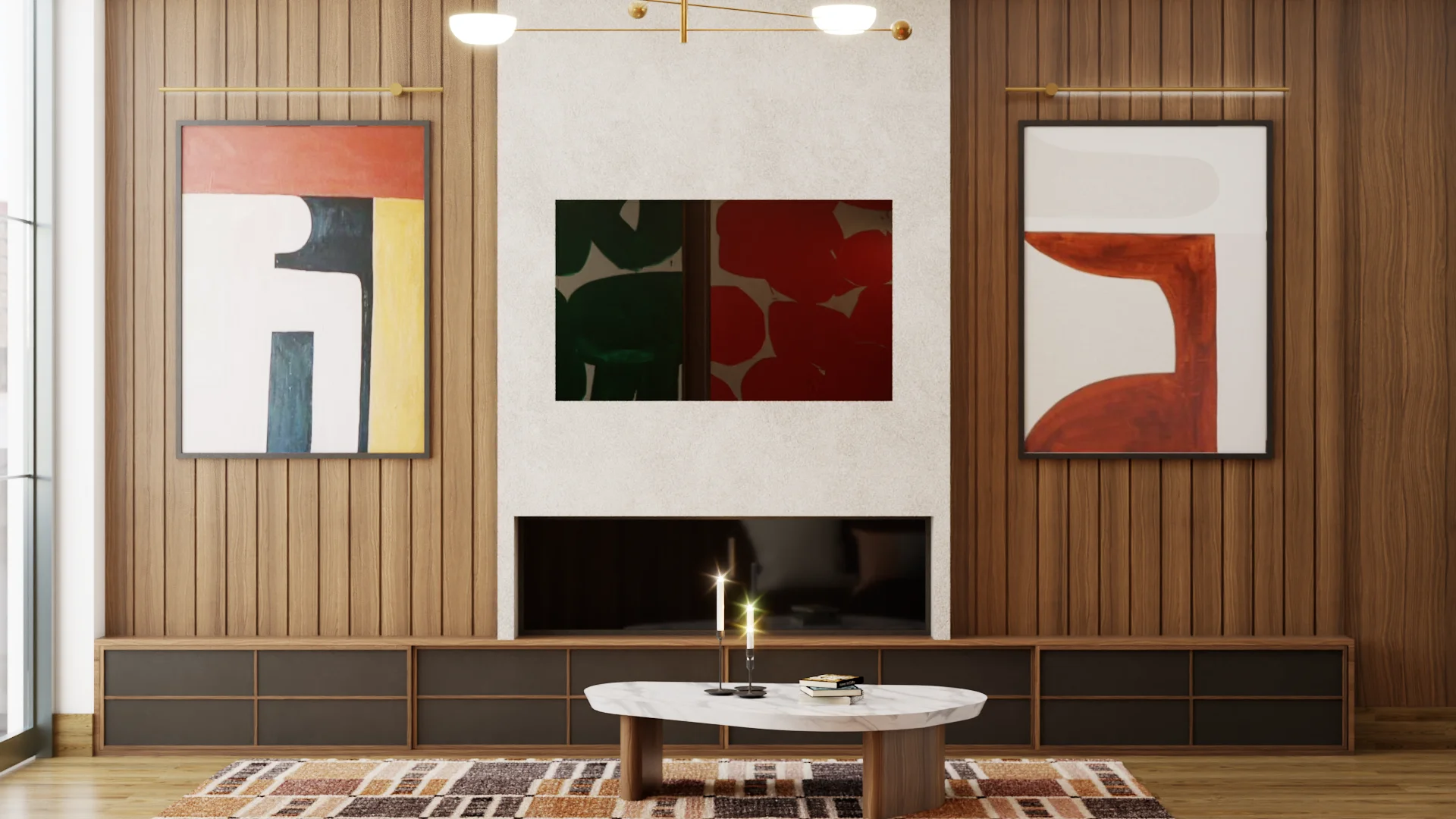 Mid-century modern living room with vertical walnut wood panels, white plaster fireplace surround, built-in charcoal low cabinet, oval marble coffee table, brass sputnik ceiling light, and three abstract art pieces