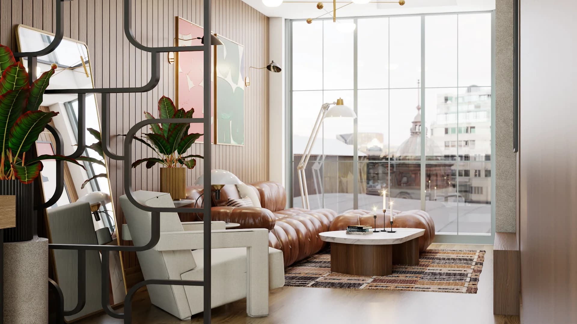 Mid-century modern loft with cognac leather curved sofa, black metal room divider, walnut slat wall, and floor-to-ceiling city-view windows. Design by Debora, an online interior design service.