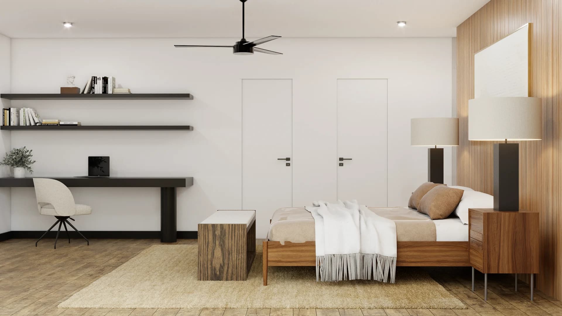 Bedroom with white walls, walnut panel accent, platform bed frame, cream bedding, floating wood shelves above desk, and jute rug