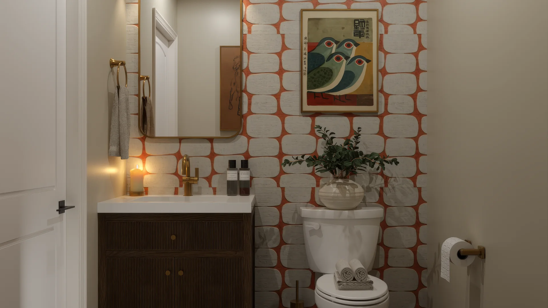 Powder room with bold orange and white geometric block wallpaper, dark espresso reeded vanity cabinet with brass hardware, white countertop, brass bridge faucet, rectangular gold-framed mirror, framed bird art print, candle, small green plant on toilet tank, brass toilet paper holder