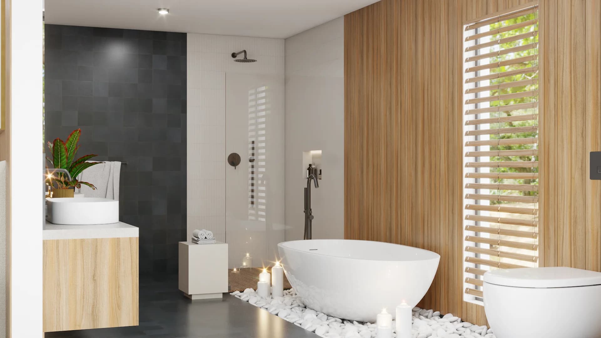 Spa bathroom with oval freestanding tub on river pebbles, walnut slat wall, plantation shutters, and vessel sink on wood vanity