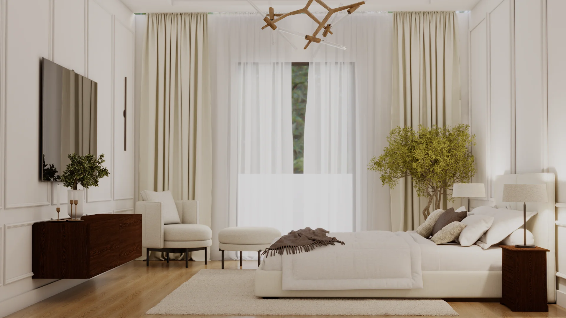 Master bedroom with white panel walls, brass branch chandelier, walnut dresser, and cream platform bed.