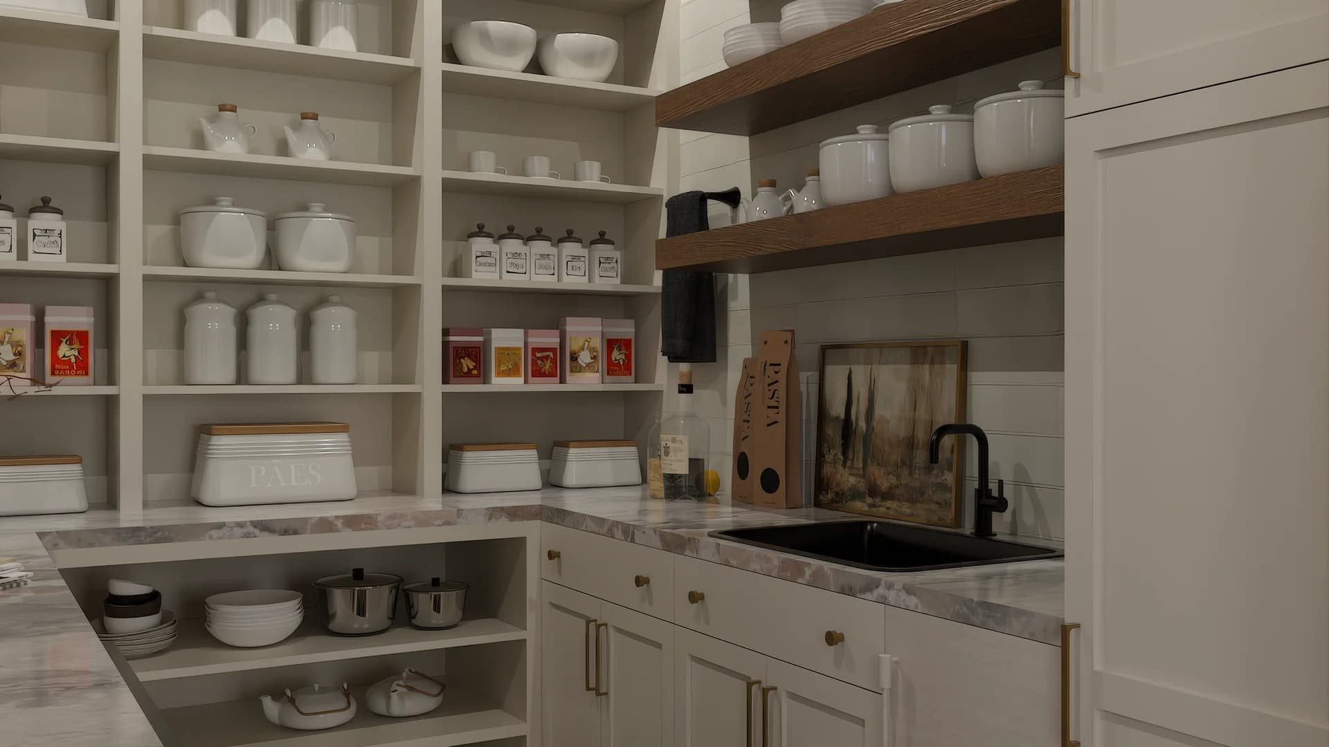 Pantry sink wall with matte black faucet, calacatta marble counter, shiplap backsplash, floating oak shelves with dishware and cutting boards, and brass cabinet knobs