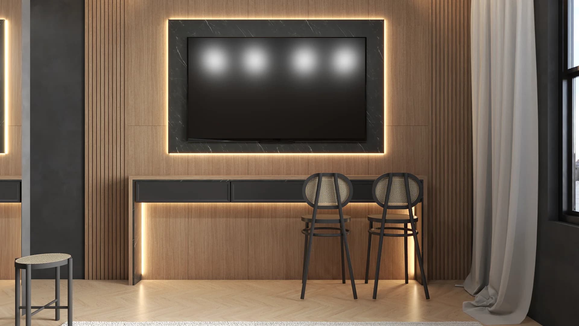 Backlit dark stone TV media wall with oak slats, bar chairs, and floor-to-ceiling curtain