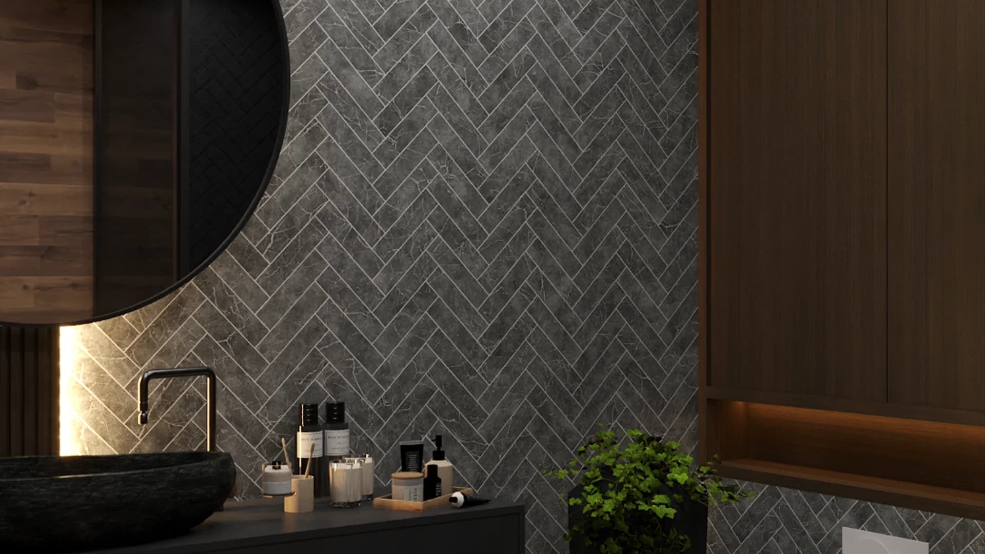 Master bath toilet area with gray herringbone stone wall, dark wood panels, and floating vanity