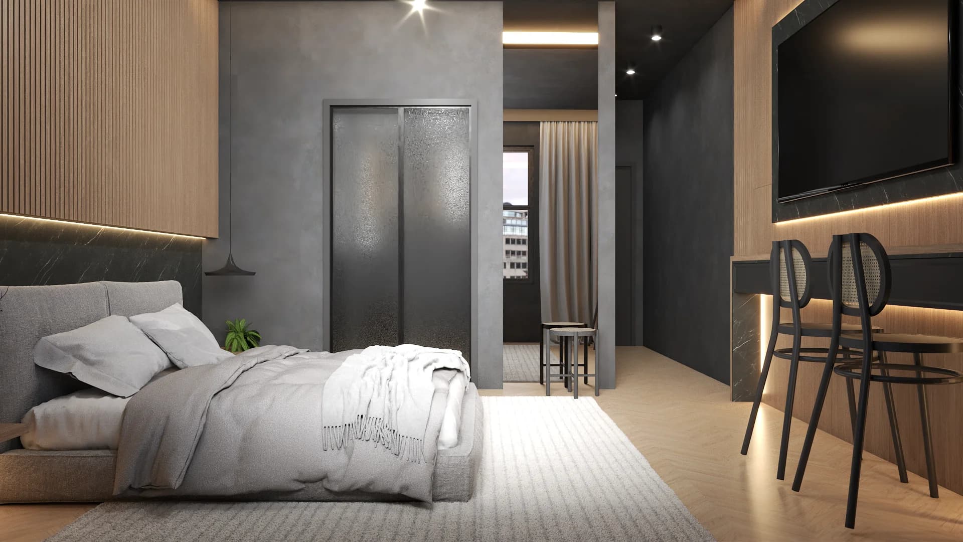 Bedroom side angle with frosted glass closet doors, gray platform bed, and balcony view beyond