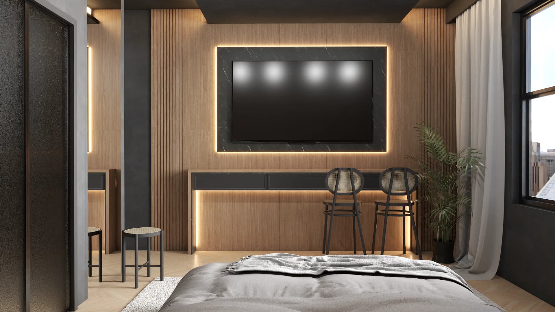 Bedroom foot-of-bed view facing backlit stone TV media wall with oak slats and bar chairs