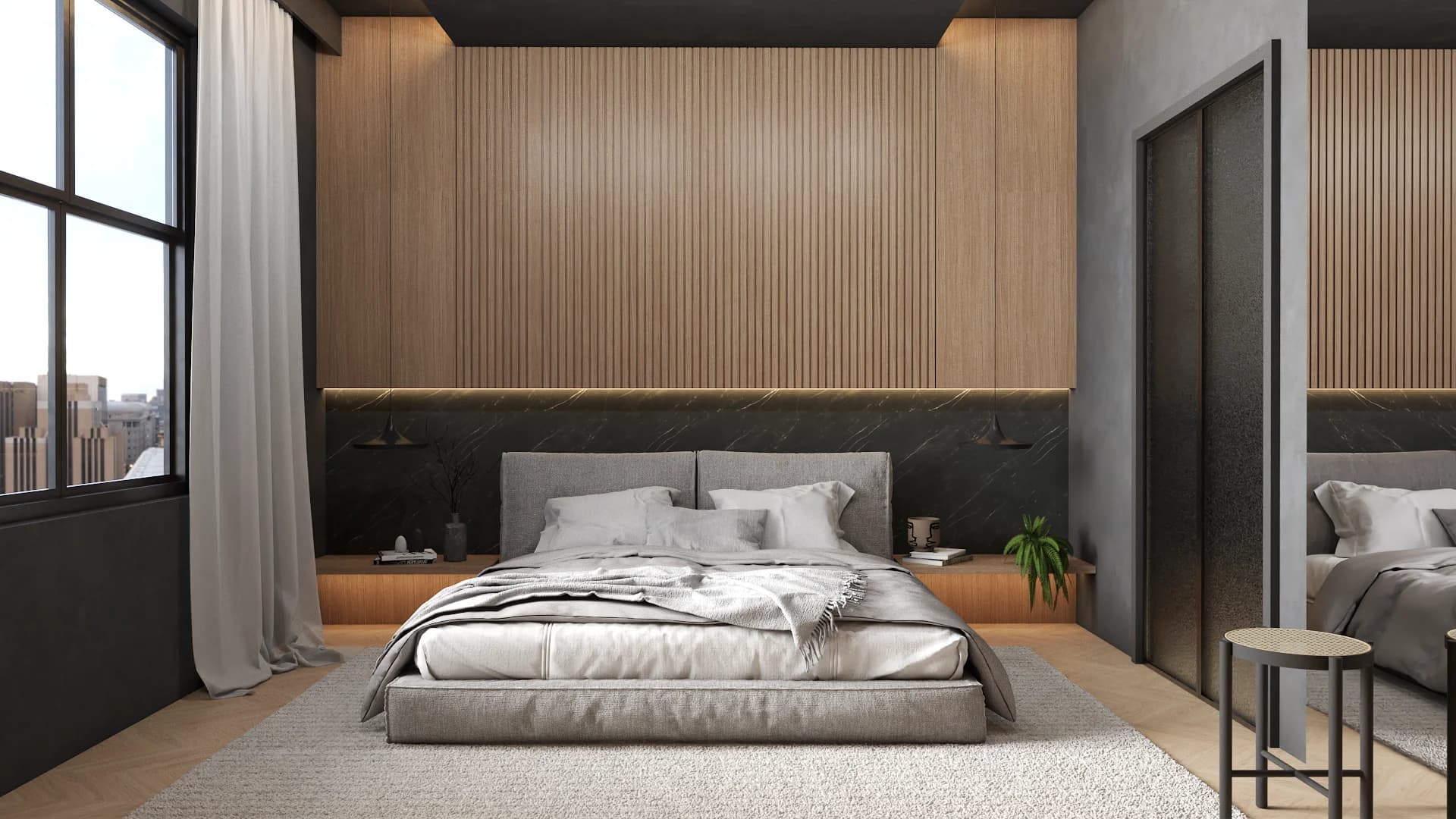 Bedroom with wood slat wall, dark green stone panels, gray upholstered bed, and city window
