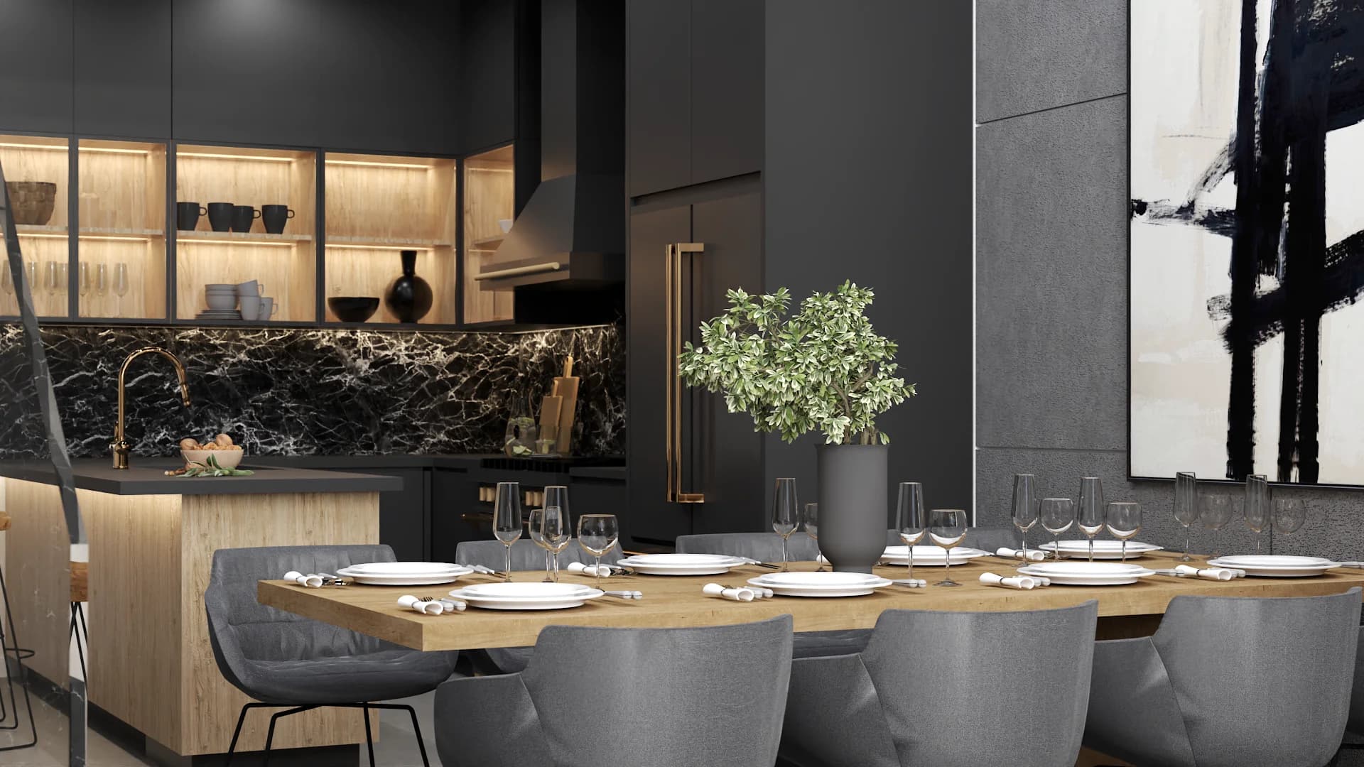 Dark kitchen and dining with oak island, marble backsplash, range hood, and dining table