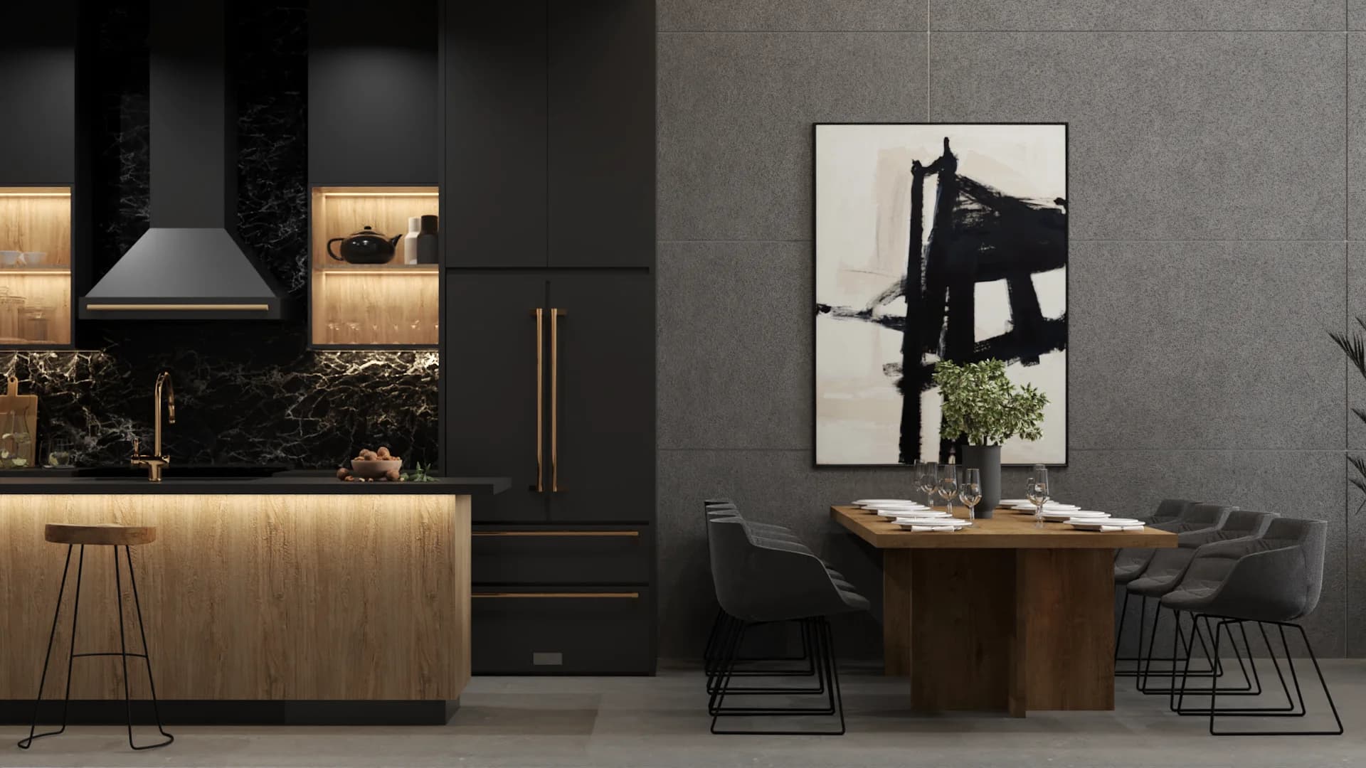 Dining table with gray chairs facing dark kitchen with oak island and abstract black and cream art
