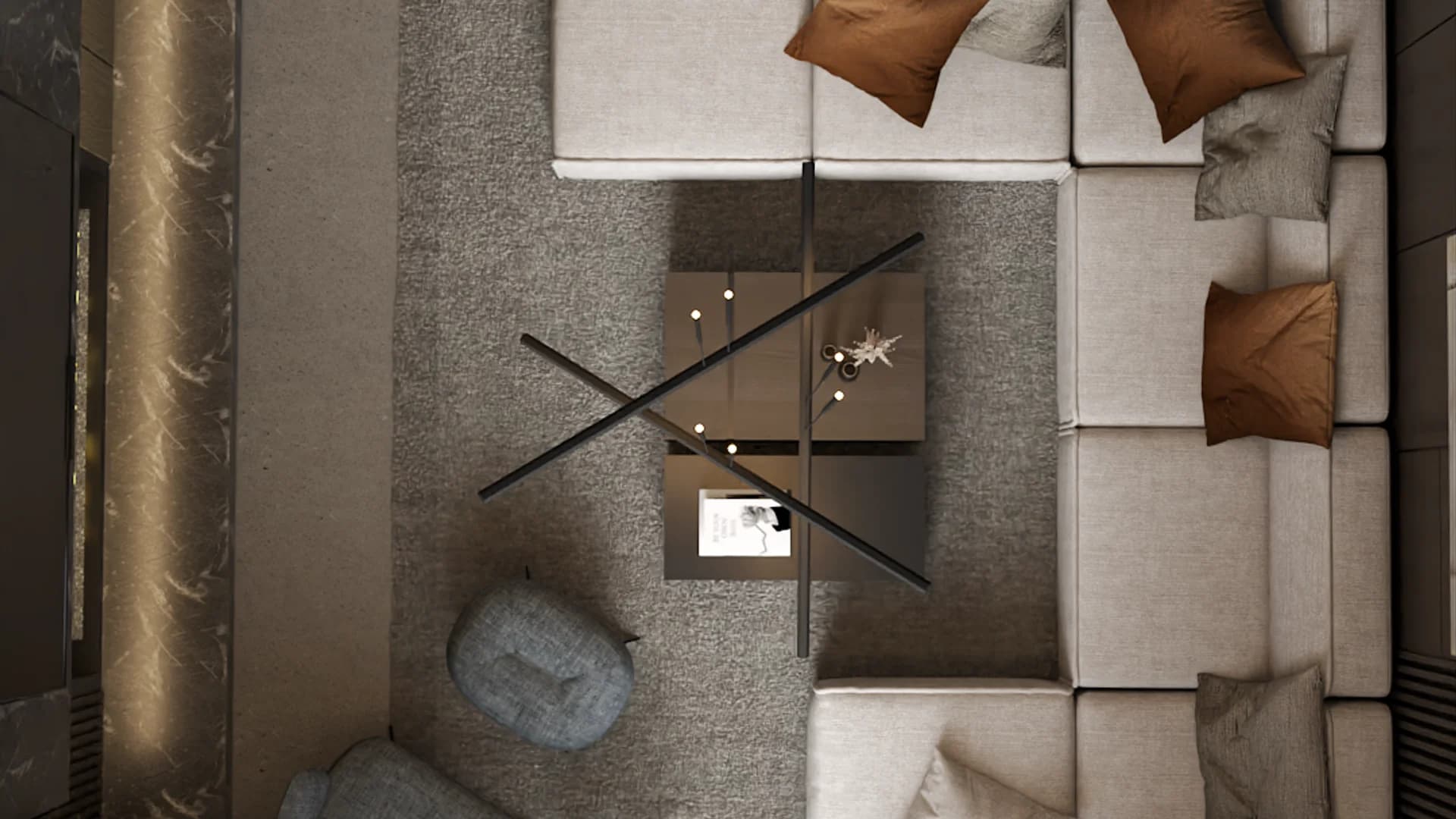 Overhead view of penthouse living room with cream sectional, dark coffee tables, and rug