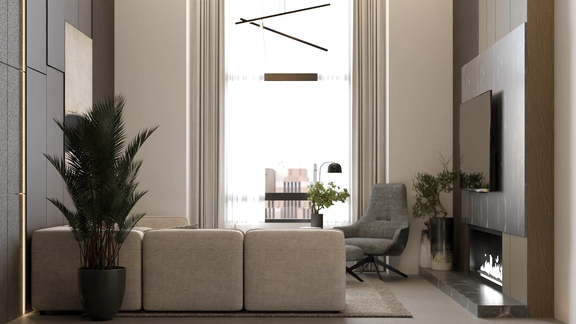 Living room with tall window, cream sectional, gray chair, and white plaster gas fireplace