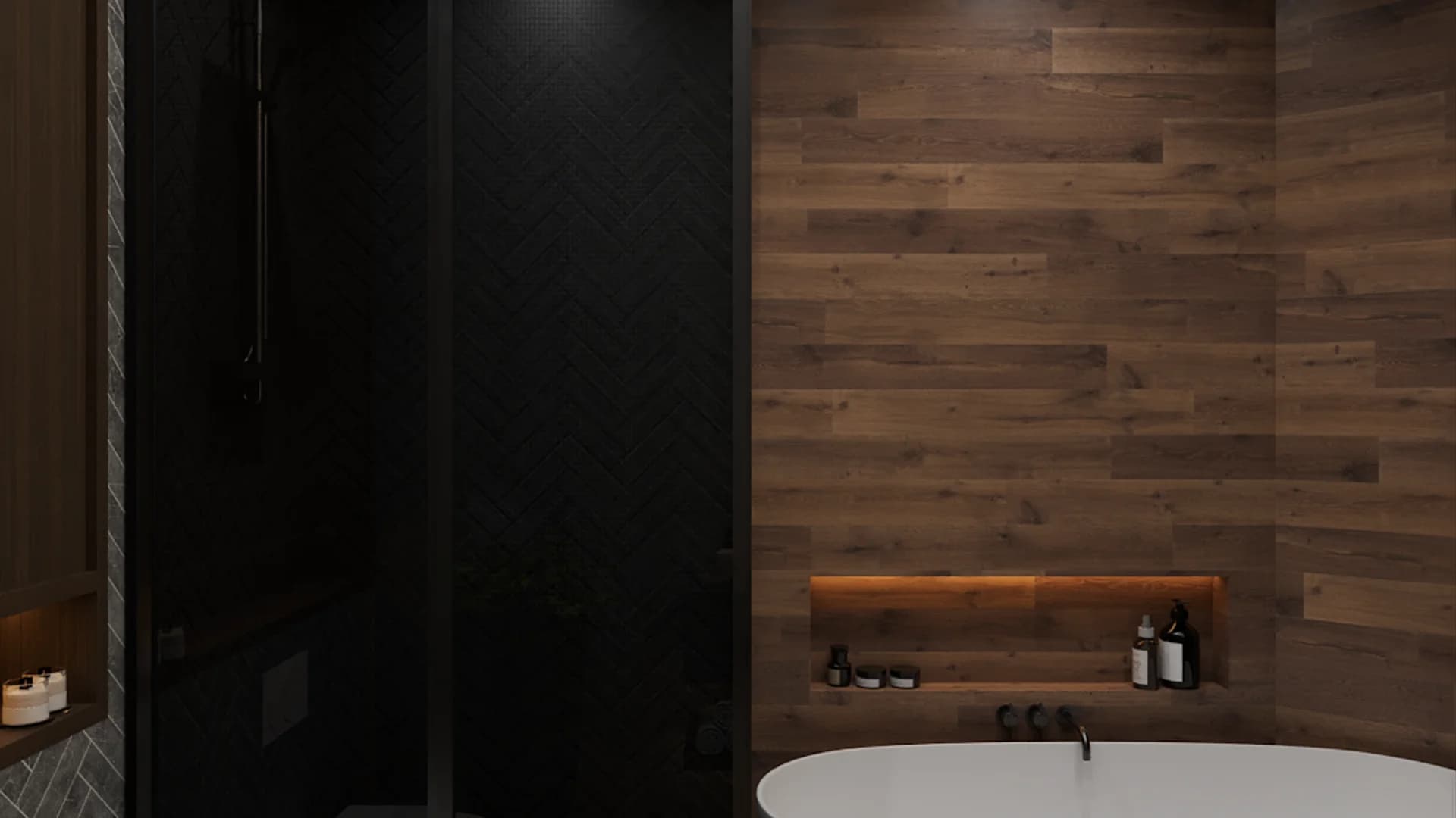 Master bath with freestanding tub, dark wood plank wall, glass shower, and herringbone floor