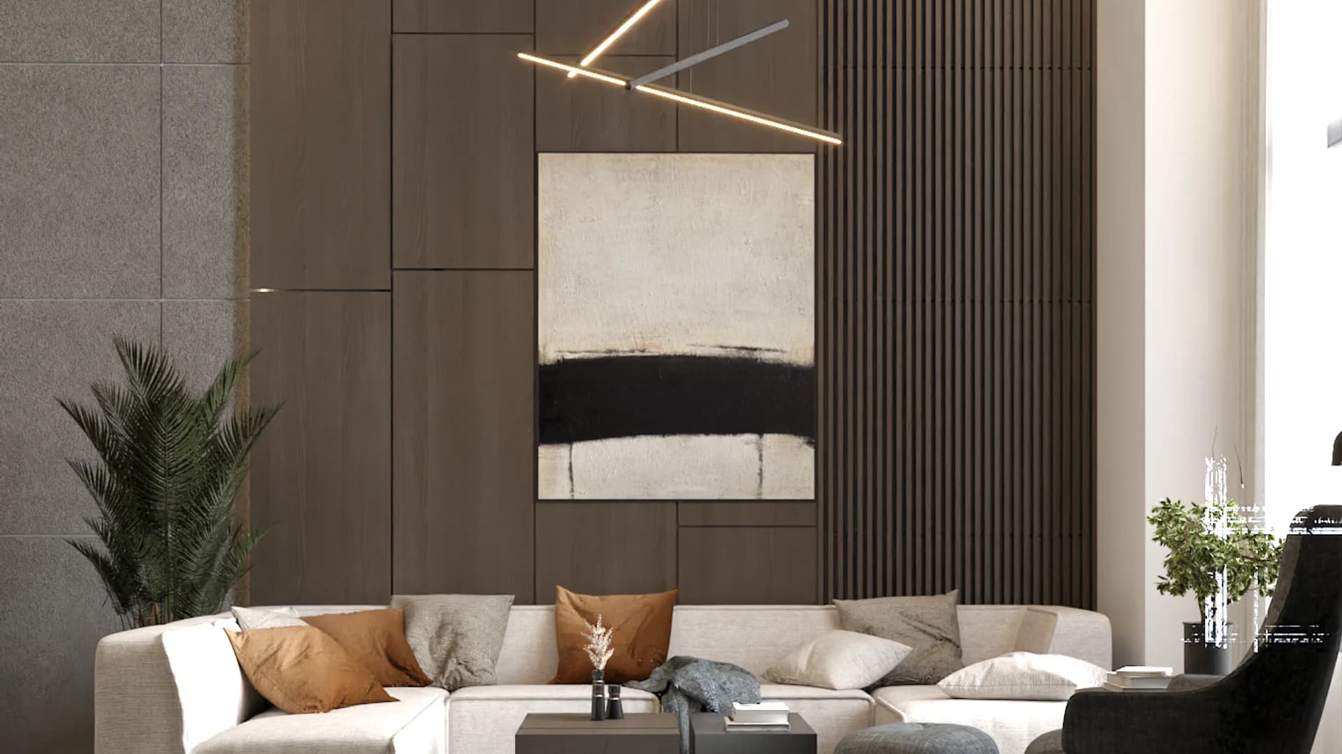 Living room with cream modular sectional, abstract art, dark wood slats, and geometric pendants