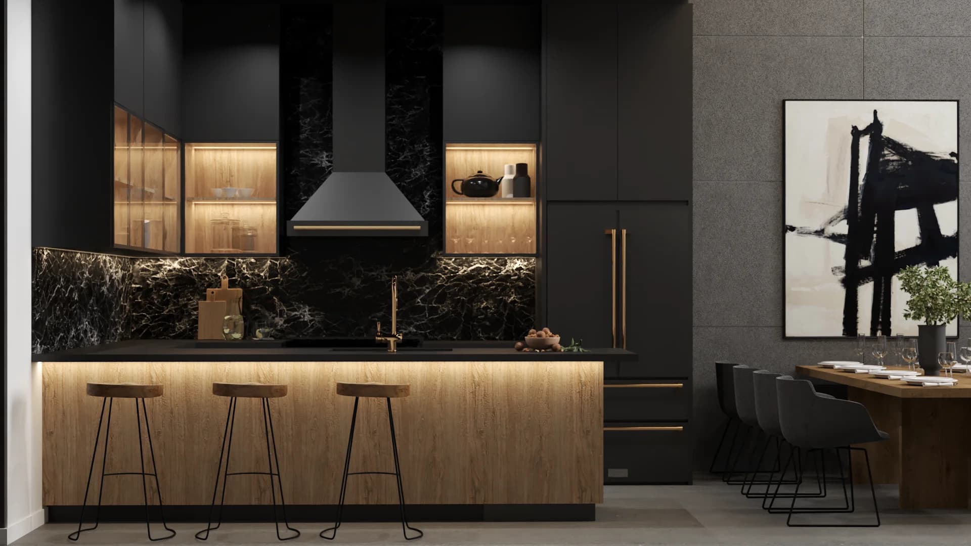 Dark kitchen with oak island, black marble backsplash, brass faucet, range hood, and bar stools