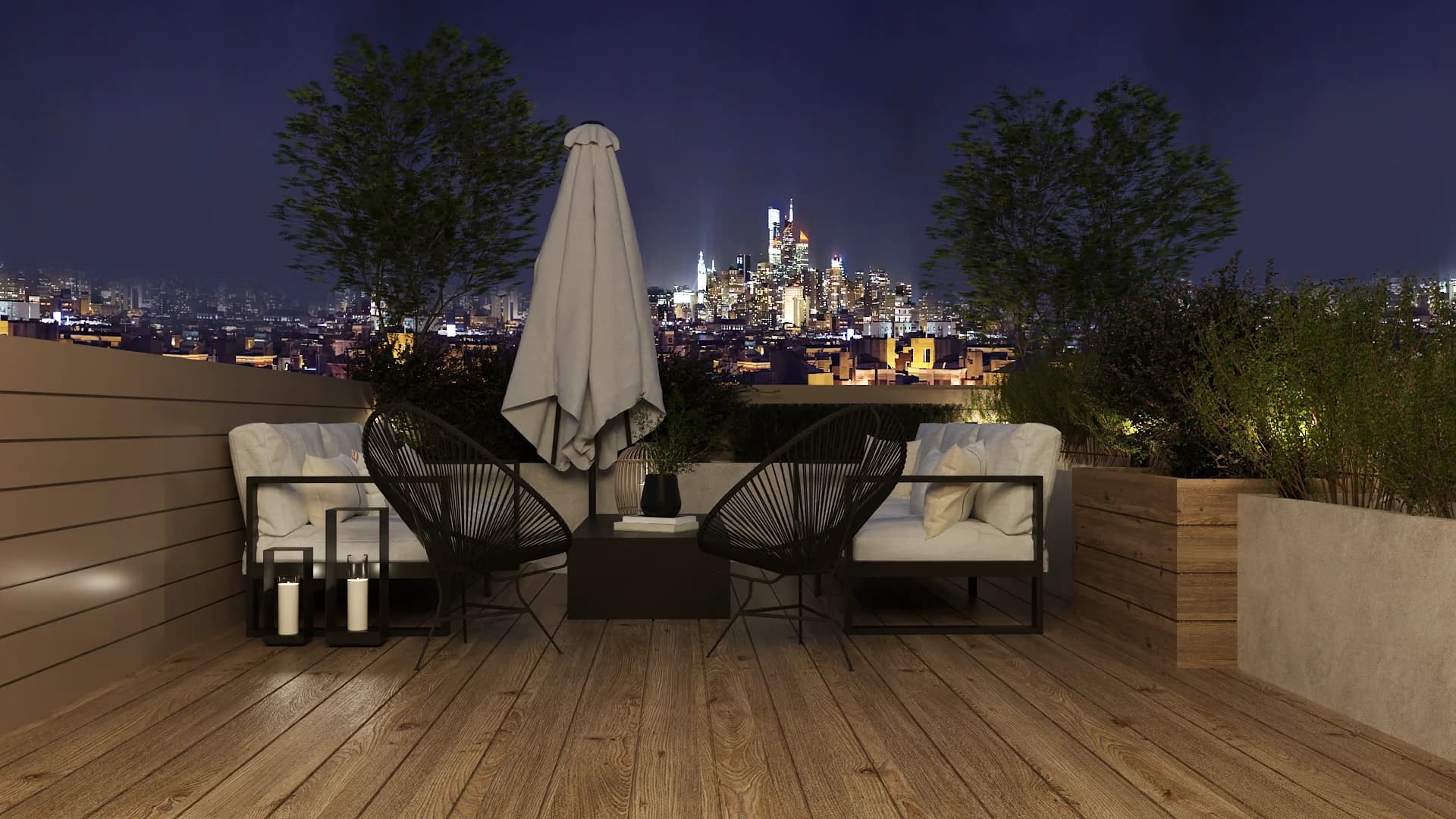 Penthouse rooftop with Acapulco chairs, folded umbrella, dense Philadelphia skyline at night