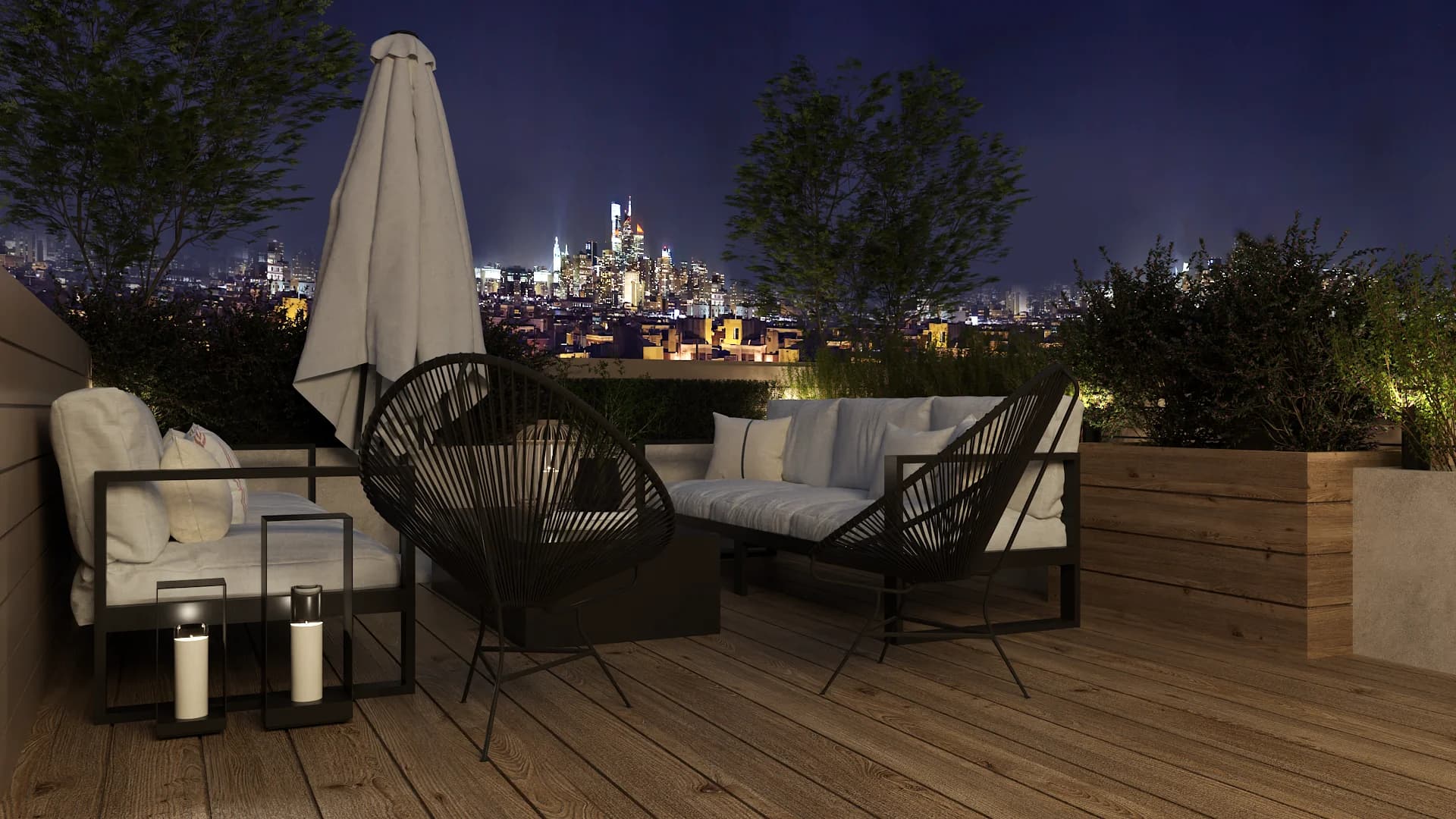 Penthouse rooftop terrace at night with Acapulco chairs, white sofa, and lantern candles