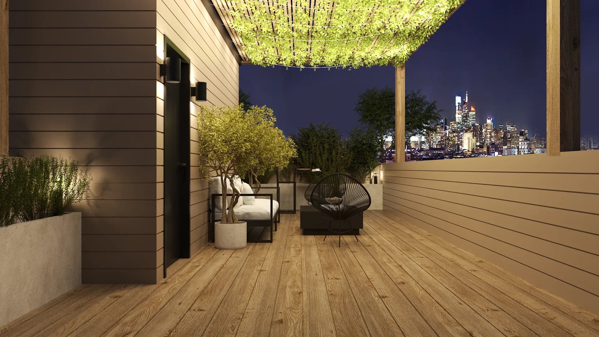 Rooftop terrace at evening with illuminated vine pergola overhead, Acapulco chair, and skyline