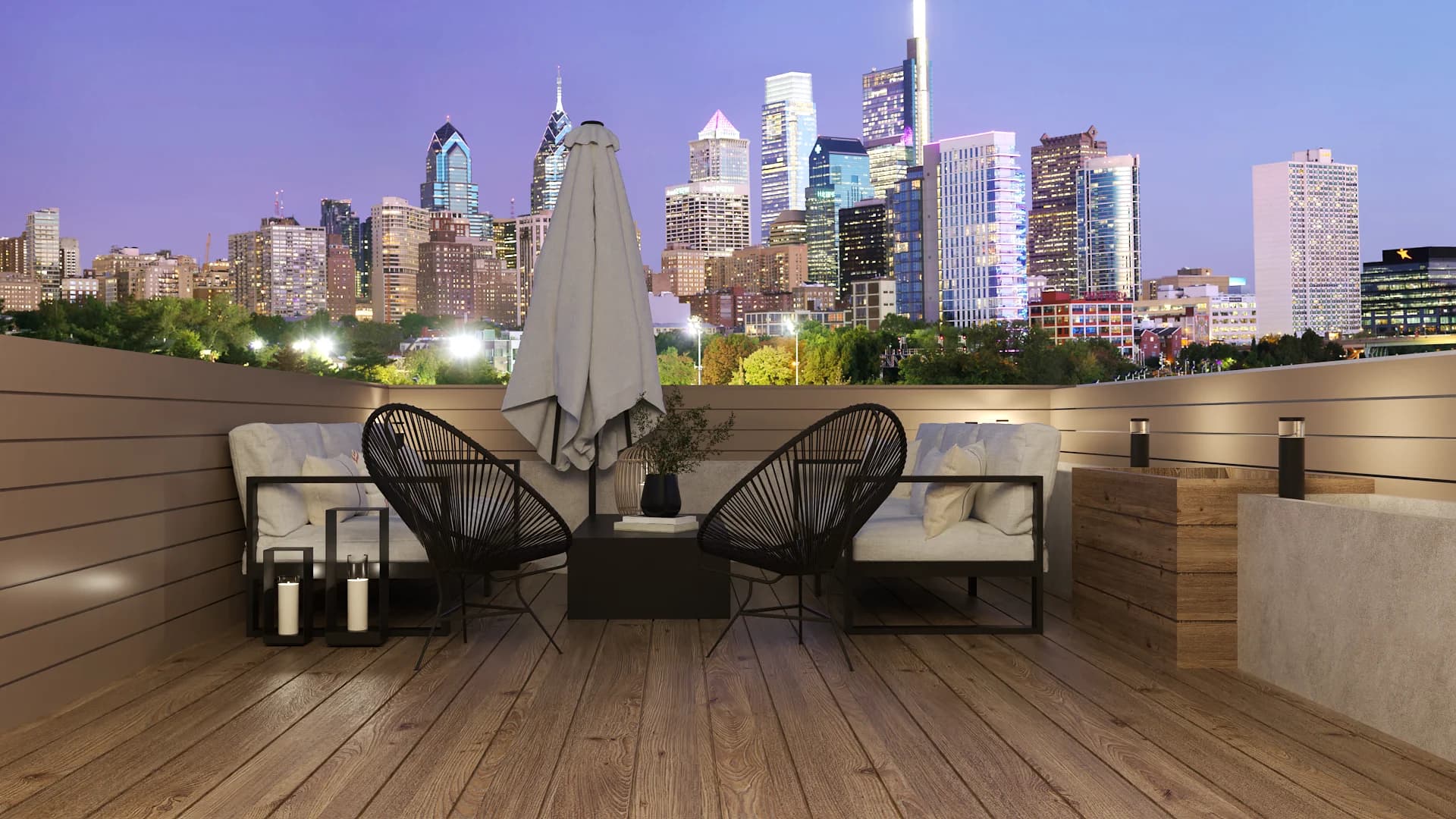 Rooftop terrace at night with folded umbrella, Acapulco chairs, planters, and city skyline