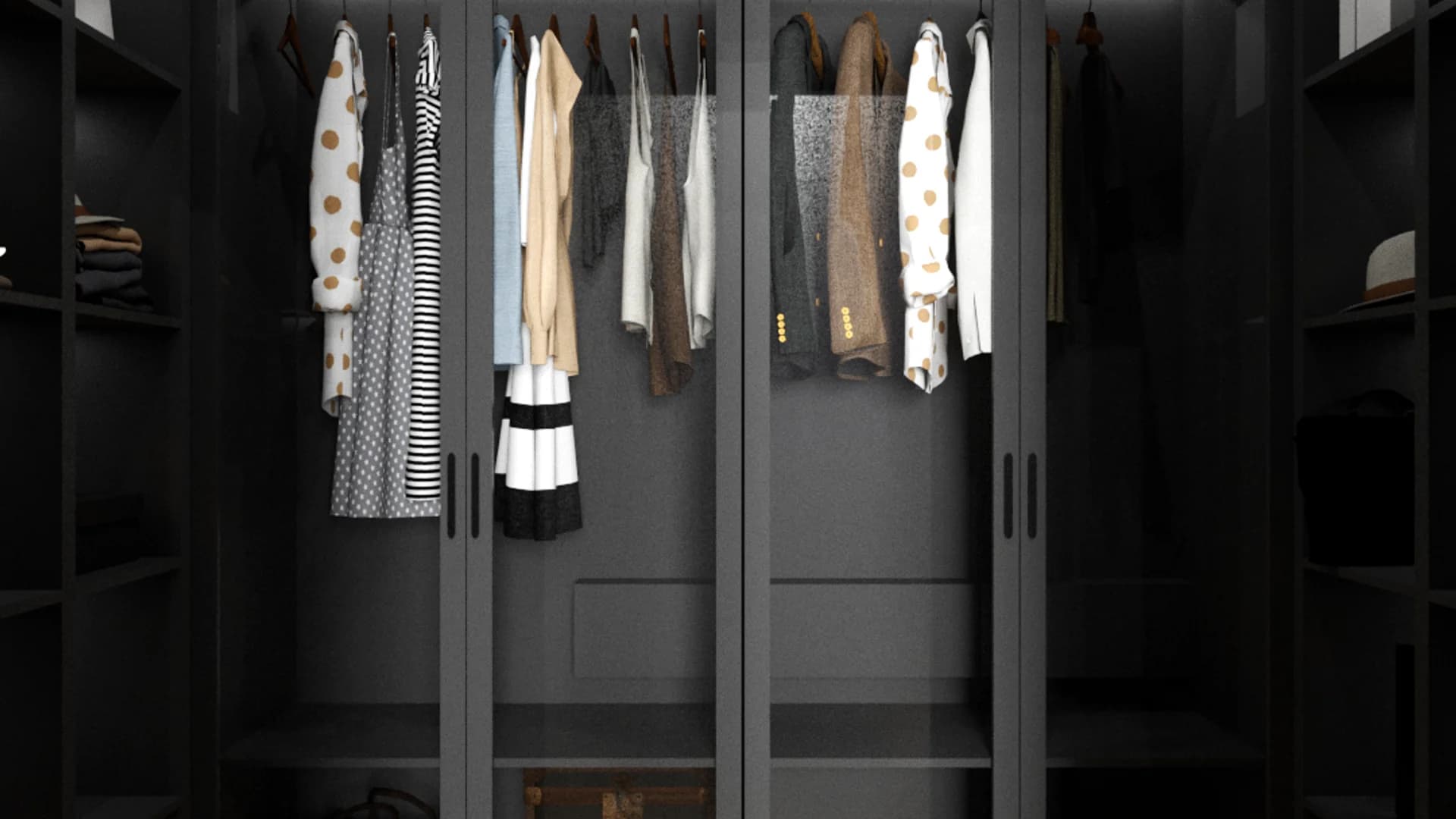 Walk-in closet with dark cabinets, glass-panel doors, herringbone parquet, and hanging clothes