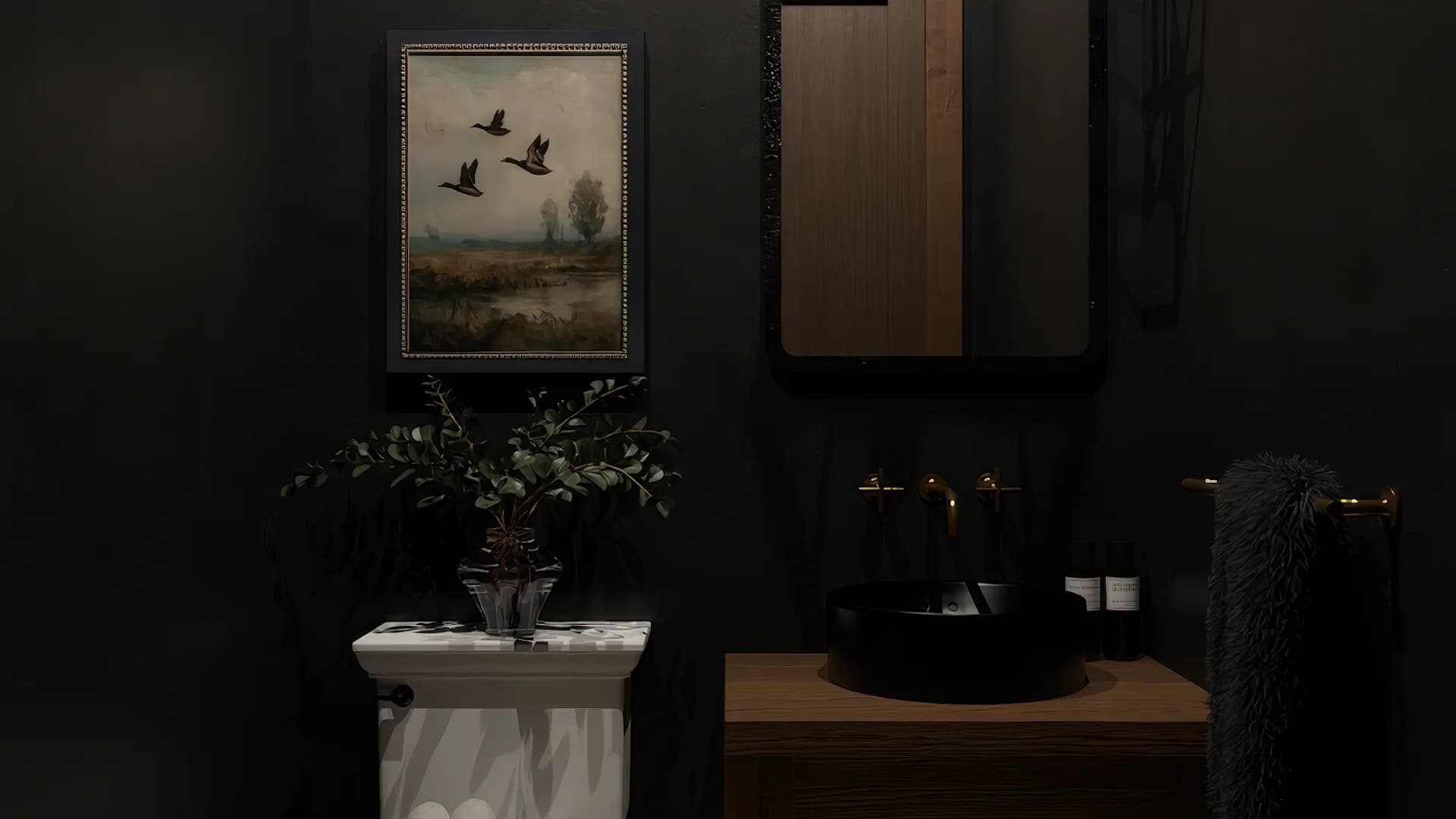Moody powder room with dark charcoal walls, gold lantern pendant, black vessel sink on walnut vanity, vintage duck painting, and eucalyptus on white pedestal toilet