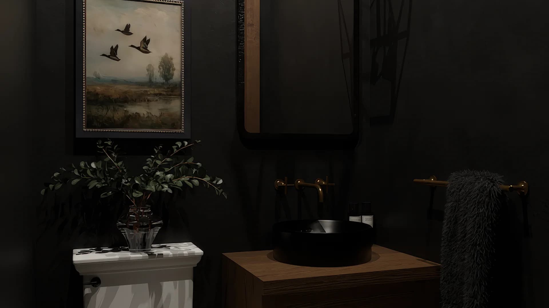 Dark powder room alternate view showing gold pendant reflected in black-framed mirror, geometric wire wall sculpture, walnut vanity with black vessel sink, and brass towel bar