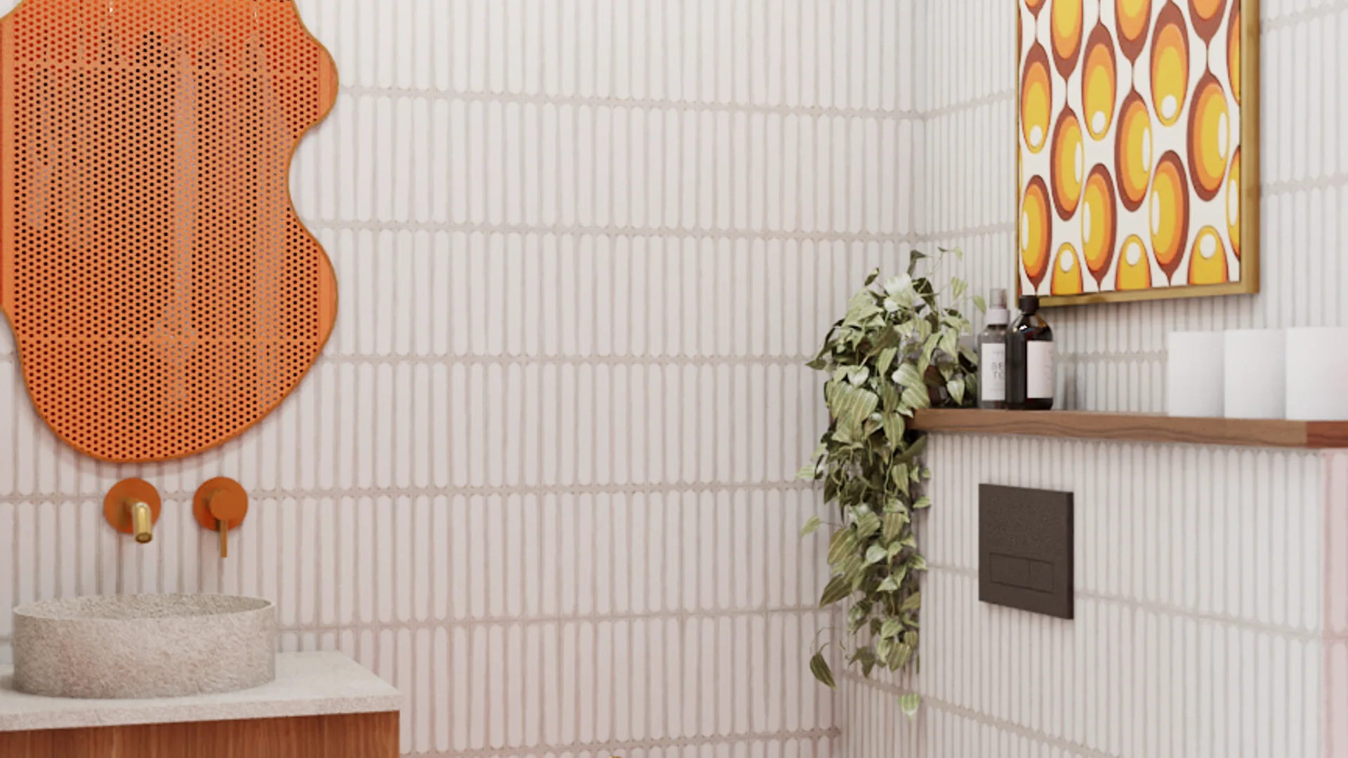 Retro-style bathroom with white fluted tile walls, an orange perforated honeycomb mirror, stone vessel sink, orange brass faucets, wood floating shelf with trailing pothos plant, and a 1970s-inspired oval-pattern art print