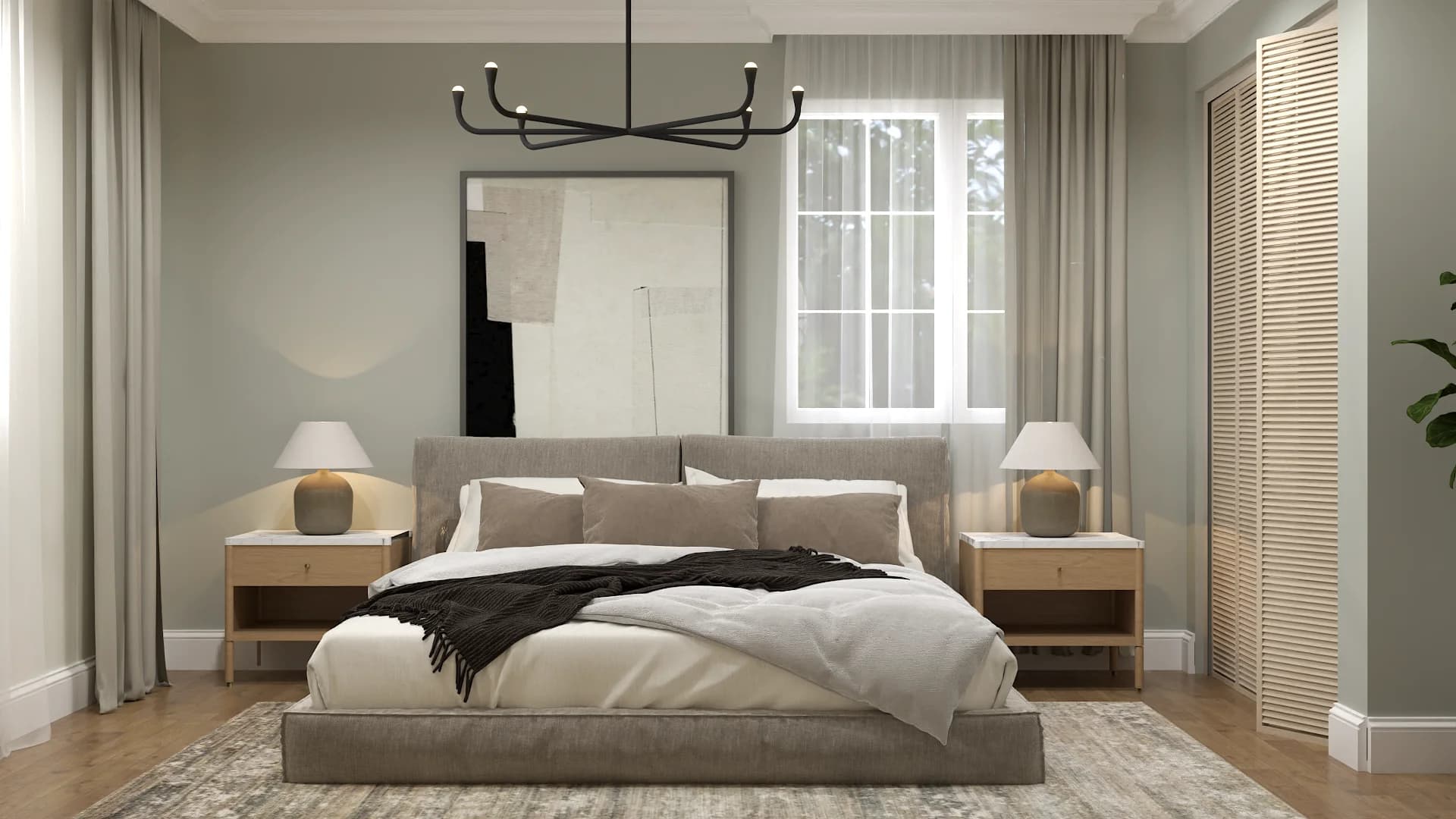 Sage green bedroom with low platform bed, black chandelier, and wood nightstands