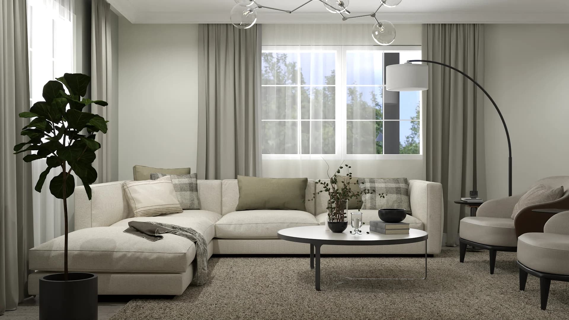 Organic modern living room with cream sectional sofa, black arc floor lamp, fiddle leaf fig tree, and sputnik chandelier