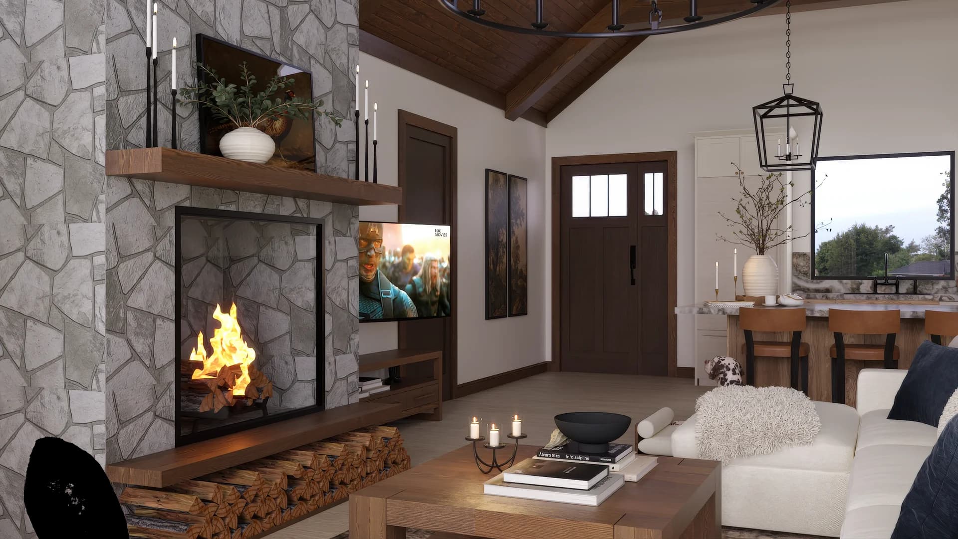 Living room with full-height natural stone fireplace wall, floating walnut shelves, firewood storage niche, television, walnut media console, and candles on solid wood coffee table
