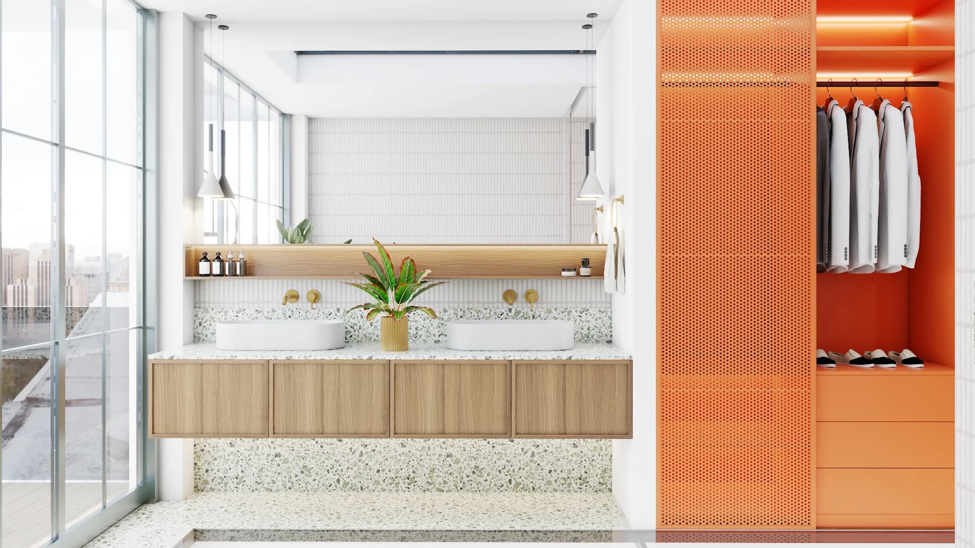 Modern bathroom with floating wood vanity, terrazzo floors and backsplash, dual vessel sinks with gold faucets, pendant lights, floor-to-ceiling window, and adjacent orange perforated closet with hanging shirts and shoe storage