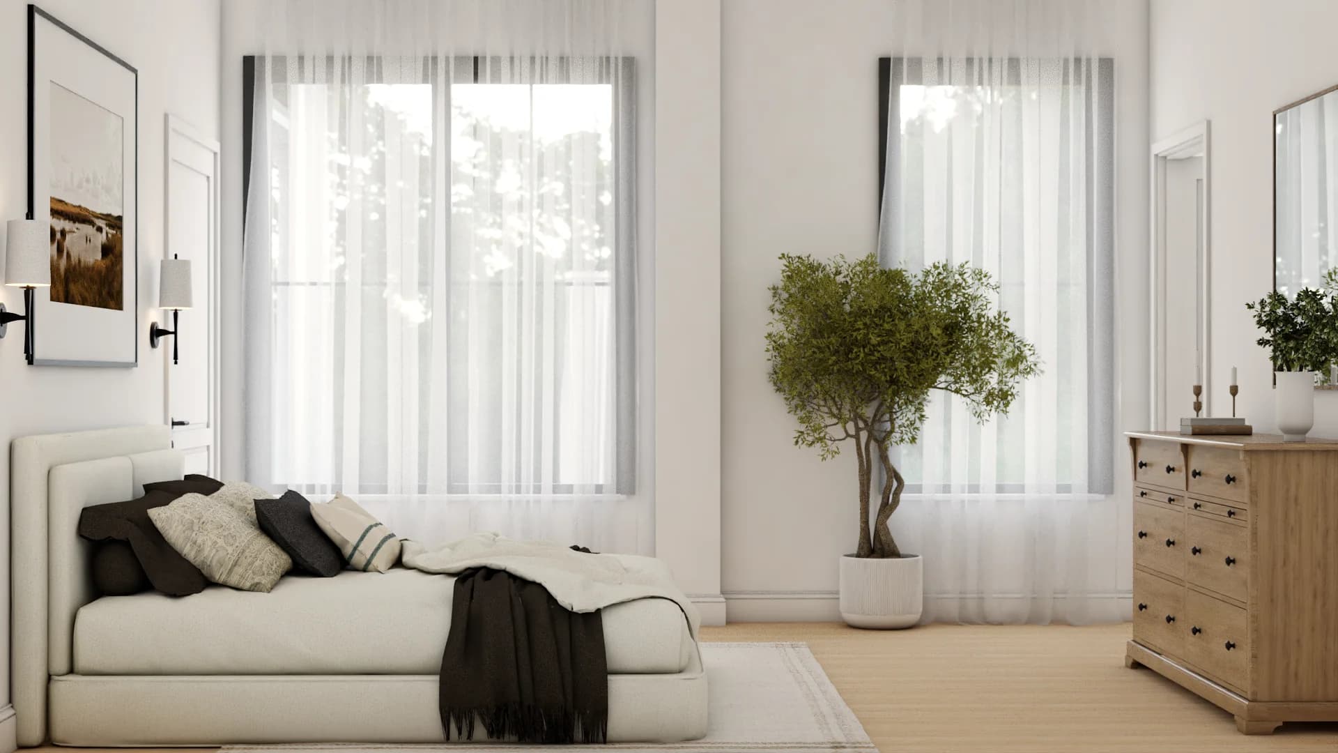 Bedroom with a cream linen upholstered bed, white bedding with layered pillows, sheer curtains on tall windows, warm oak flooring, and soft natural light filling the room