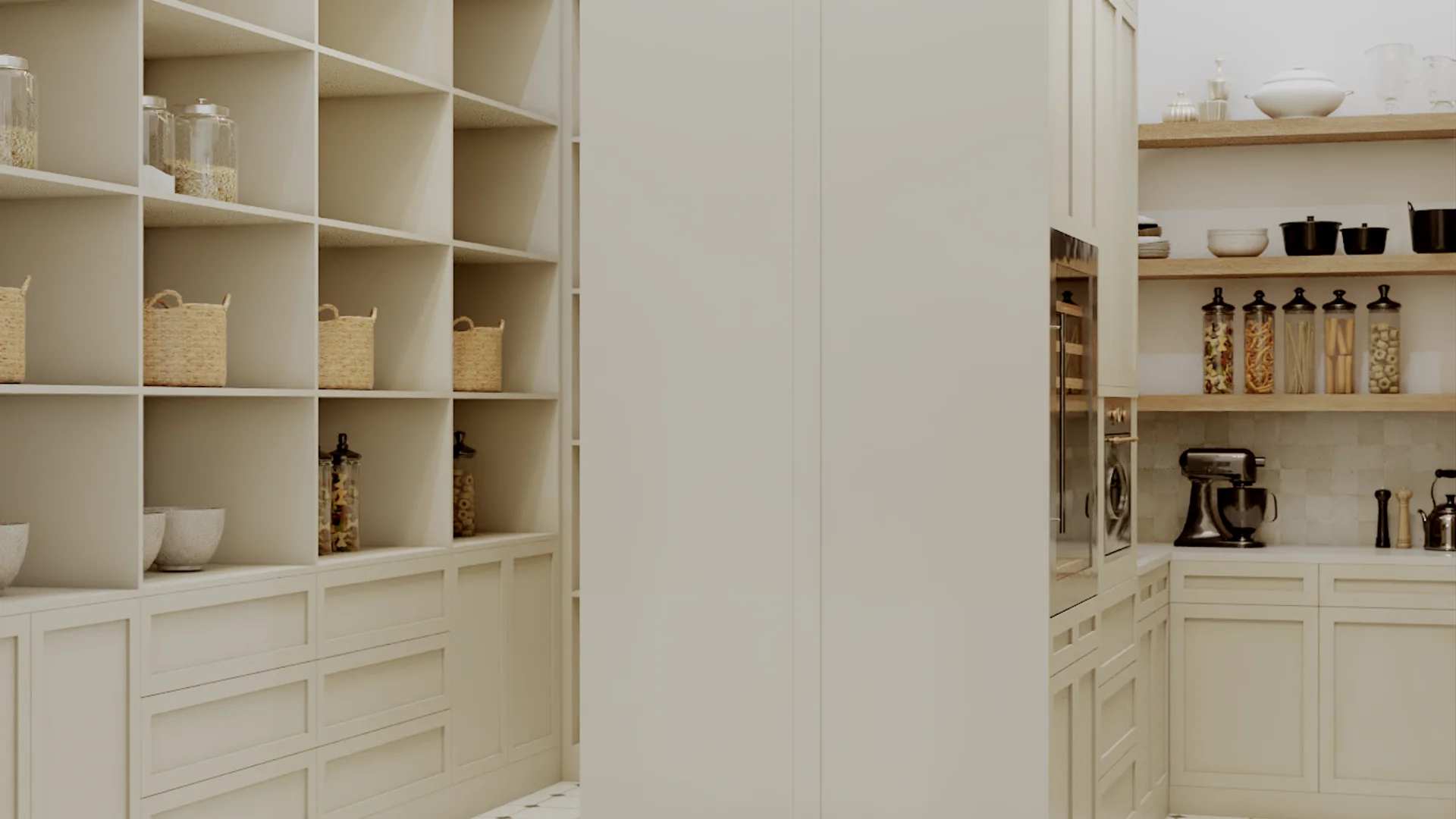 Pantry with cream-painted shaker cabinets, open wood shelving on upper sections, countertop surface with organized storage, and white walls with a clean transitional style