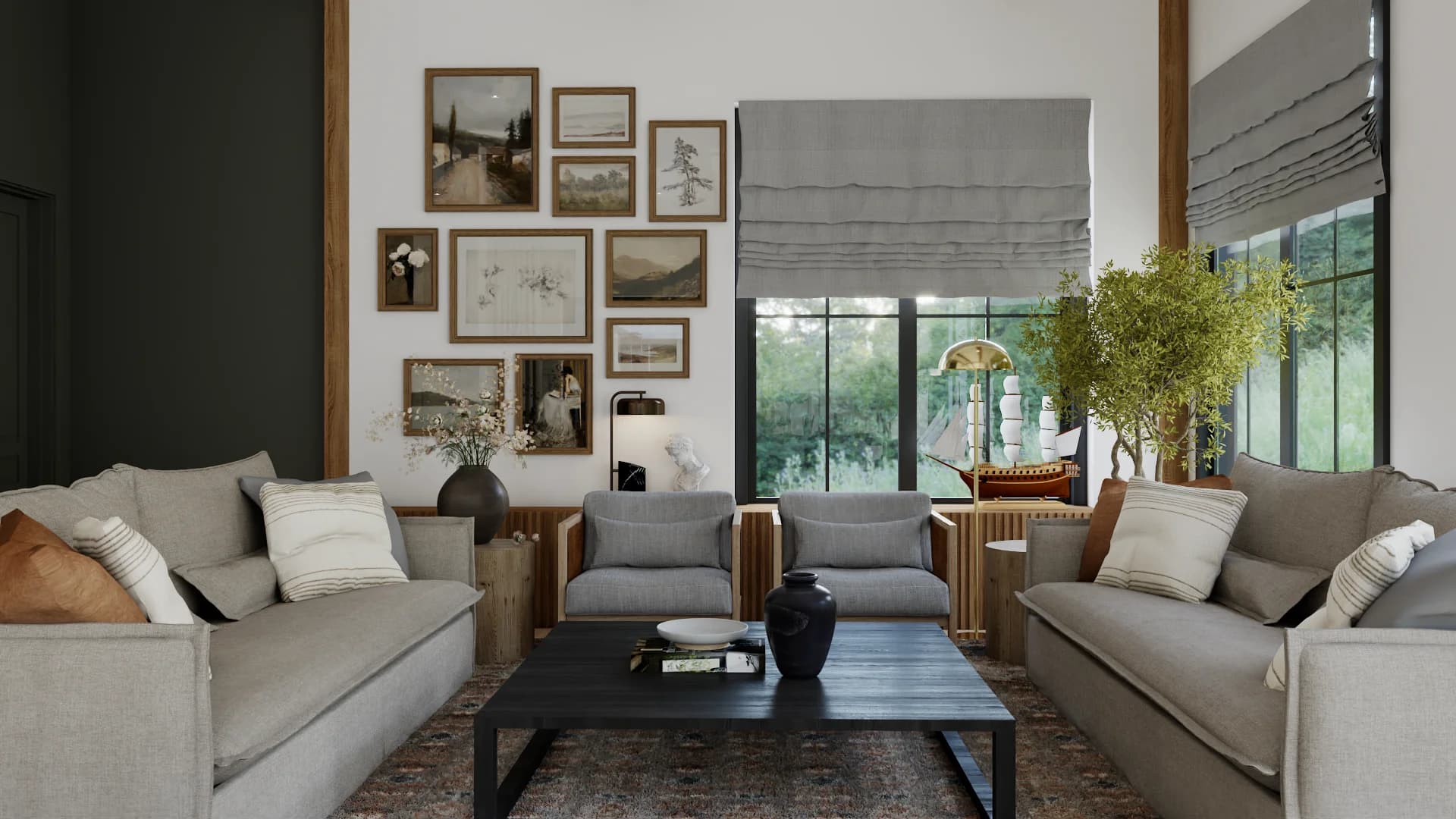 Transitional living room with dual linen sofas, charcoal metal coffee table, gallery wall of landscape paintings in gold and wood frames, gray Roman shades, and tall windows by Debora Interiors