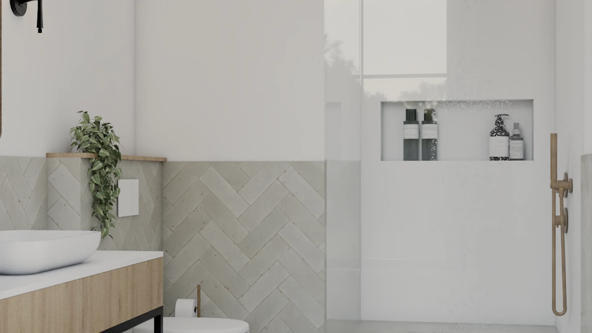 Bathroom with a glass-enclosed shower, brushed gold shower fixtures and rain head, white or marble tile walls, oak vanity cabinetry, and warm natural light through a frosted window