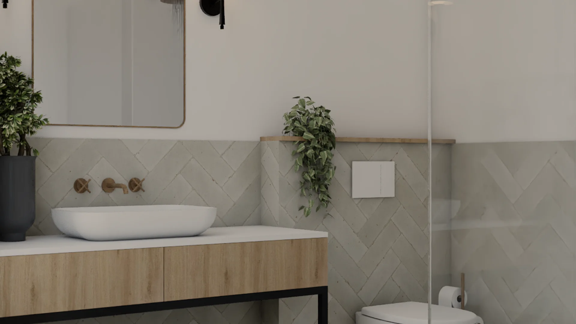 Bathroom with a herringbone tile floor in warm white or beige, a warm oak vanity cabinet with a white countertop and undermount sink, black faucet hardware, and a framed mirror above