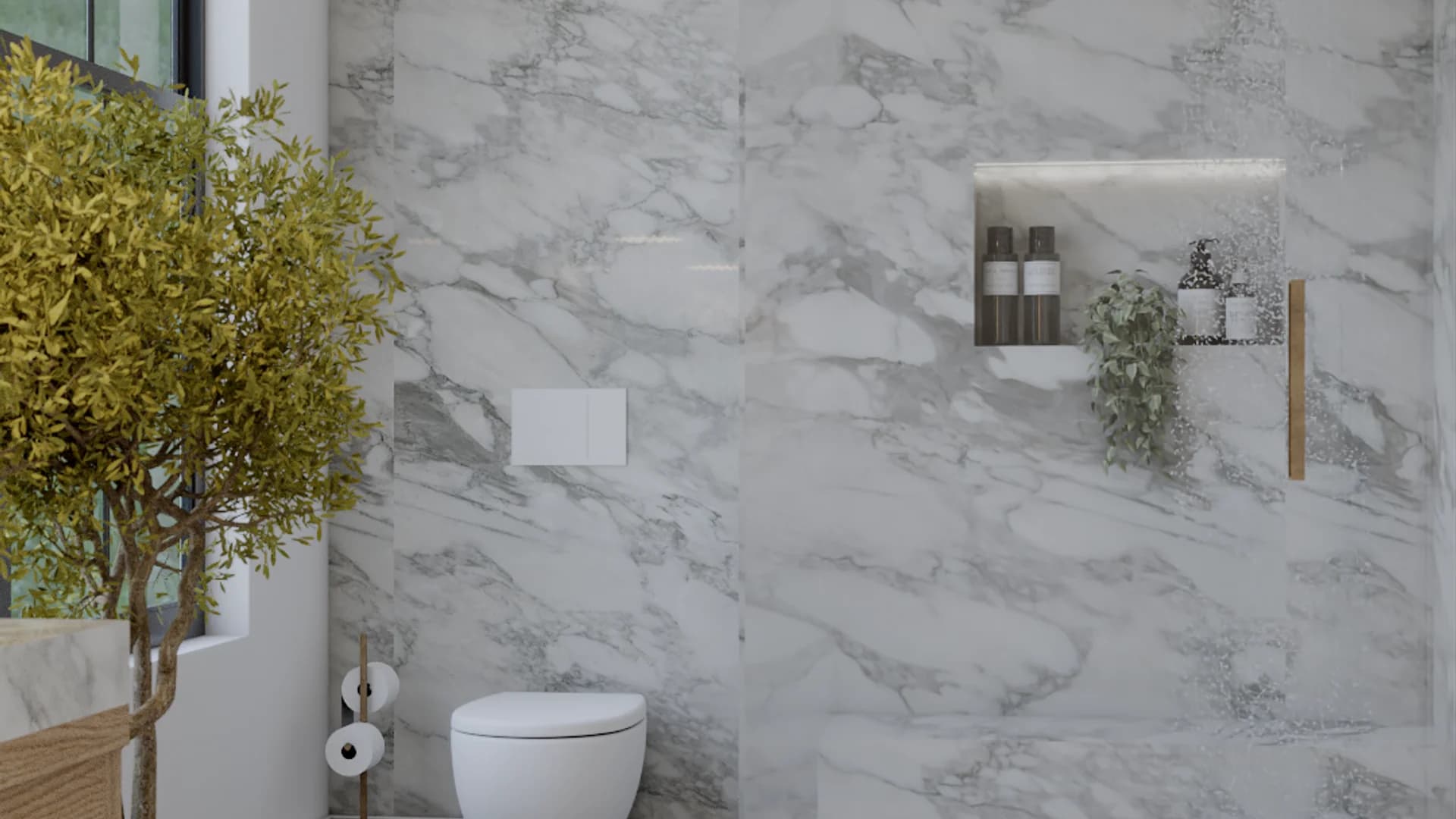 Shower with marble or marble-look tile on walls, a herringbone tile floor, glass shower door, brushed gold or black rain shower fixture, and white grout throughout