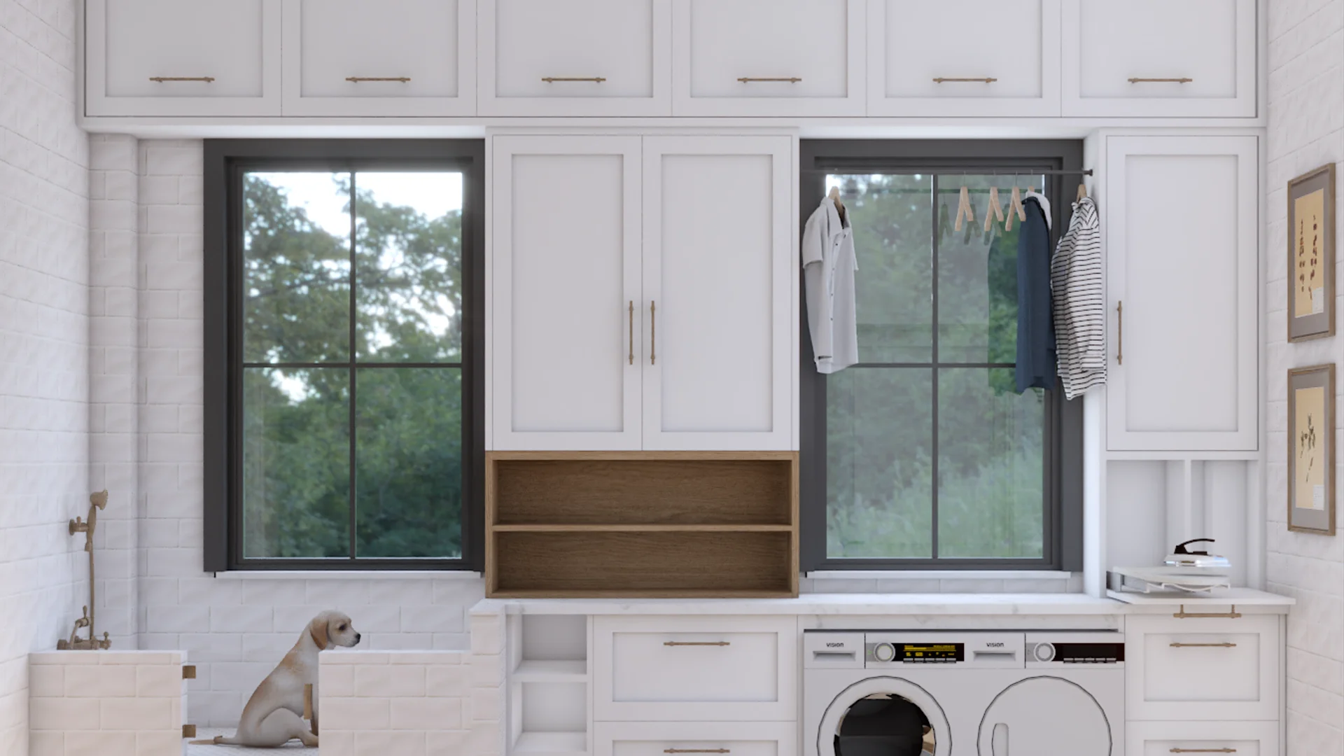 Laundry room with a built-in pet station including a washing area with a sprayer, lower cabinet storage, white shaker cabinet doors, a countertop surface, and tile or wood flooring